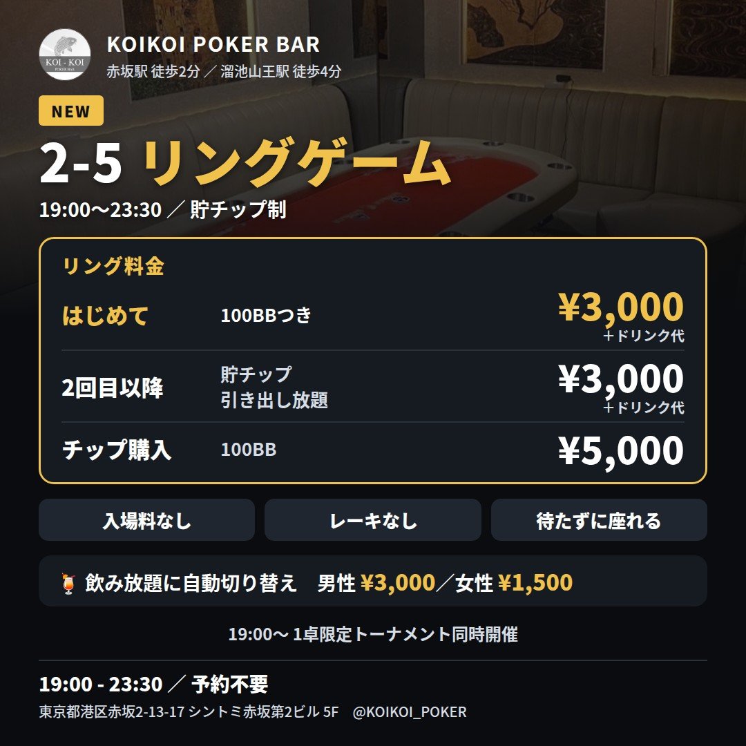KOIKOI_POKER's tweet photo. 【9/28(月)｜RP抽選 トナメ9名・リング6名 無料】🎁
⠀
🔥SPADIE 6枚保証【1卓限定・9MAX】
上位3名に各2枚🎫
SPADIE TOKYO（11/19〜23）のチケットを先に確保できます
⠀
💴Entry
開始30分まで ¥2,000
開始90分まで ¥2,500
通常 ¥3,000
リエントリー・アドオンも早割適用
⠀
🎲リングゲーム 2-5 同時開催
初回¥3,000で100BB付き・レーキなし
⠀
🎁引用RPキャンペーン
抽選でトナメ9名・リング6名の1st Entryが無料
① @KOIKOI_POKER をフォロー
② この投稿を引用RP
締切：9/28(月) 12:00／当選発表 17:00
※20:00までのご着席で有効
⠀
🕐19:00 Start／22:00 Late Reg.
📍赤坂駅 徒歩2分／溜池山王駅 徒歩4分
⠀
#SPADIE #KOIKOI #赤坂 #ポーカー