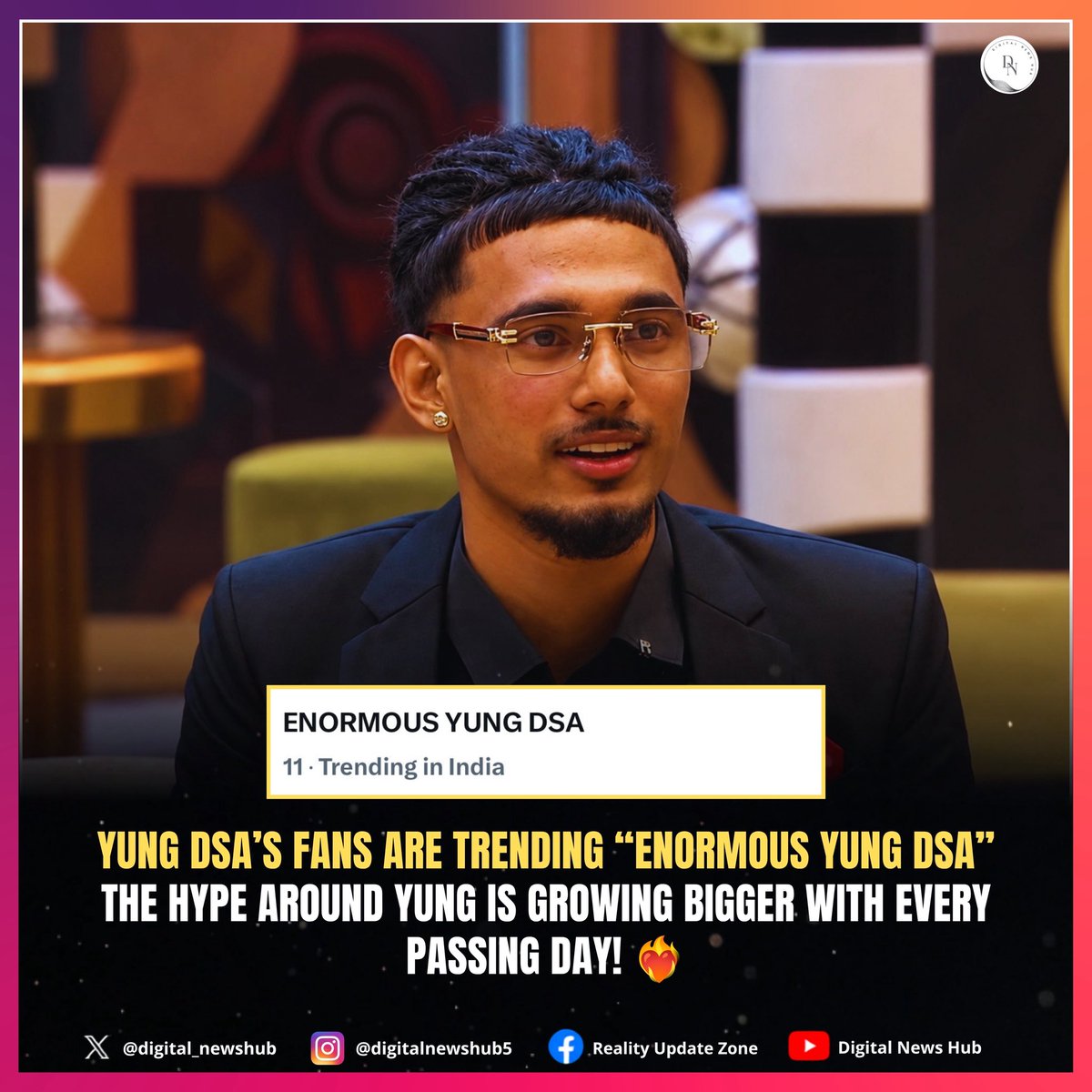 digital_newshub's tweet photo. Yung DSA’s fans are trending “Enormous Yung DSA” as the hype around him continues to grow inside the Bigg Boss house. 🔥👀 

#YungDSA #BiggBoss20 #BB20 https://t.co/kkaDbdkCsV