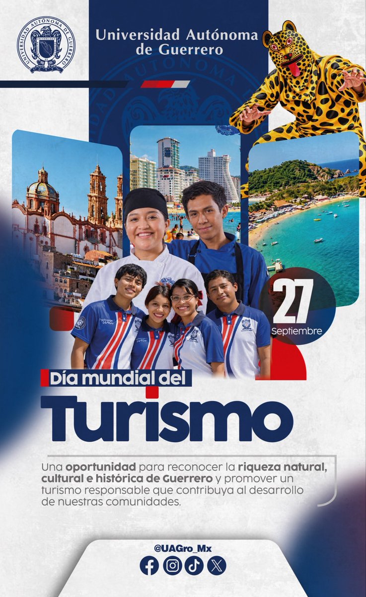 UAGro_MX's tweet photo. 🌎✈️ ¡Feliz Día Mundial del Turismo!

Felicitamos a nuestras y nuestros estudiantes de Turismo, quienes se forman en la UAGro para promover la riqueza cultural, natural e histórica de Guerrero. 🎓🦅

#DíaMundialDelTurismo #Turismo #UAGro #OrgullosamenteUAGro https://t.co/toaQpeYMsq