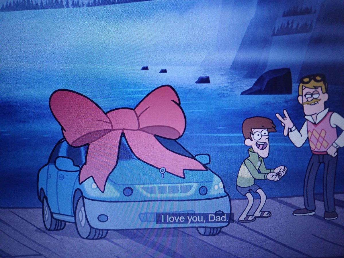 aquamantle's tweet photo. - brown haired kid with green-yellow striped shirt
- blonde dad with facial hair in a pink outfit
- blue car

gravity falls was onto something https://t.co/pzzxWCg7Fe