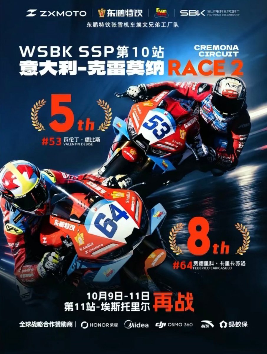 FengZ911's tweet photo. WSBK—意大利站第二回合,张雪机车获得第5和第8名 #张雪机车 #德比斯 #意大利站WSBK – Italian Round Race 2: Zhang Xue Motorcycle took 5th and 8th places.🏍
#ZhangXueMotorcycle #Debis #ItalianRound https://t.co/7ZcmDNryPC