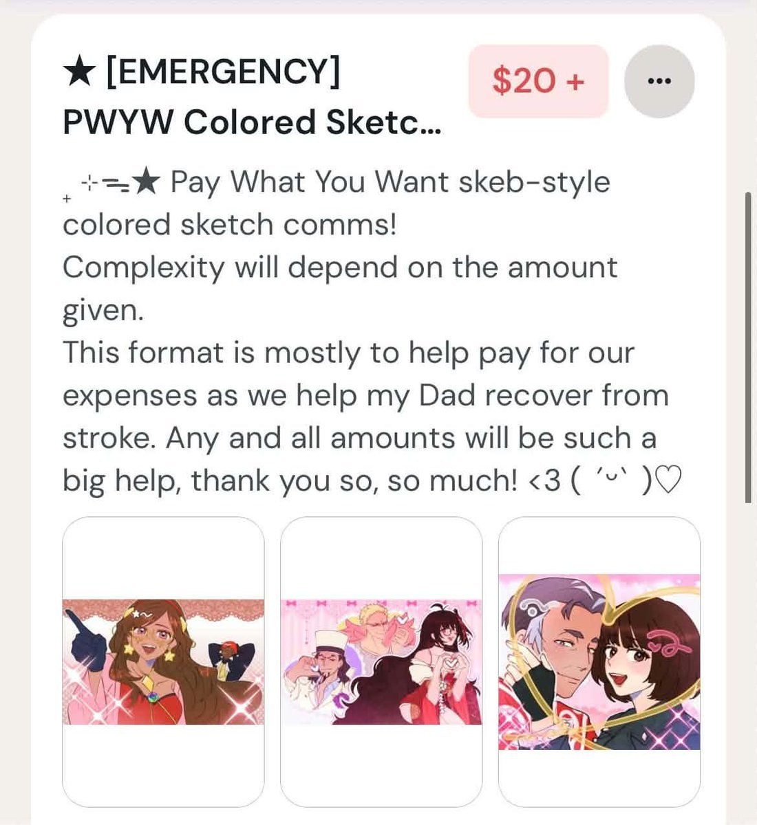 stardaroi's tweet photo. [ emergency cms ]

hello !! i’m opening colored sketch cms to help with our expenses as we help my dad recover from stroke, since he can’t work at the moment!

ko-fi will be linked below 🩷 reshares very much appreciated!! https://t.co/mW2Jz3lT5g