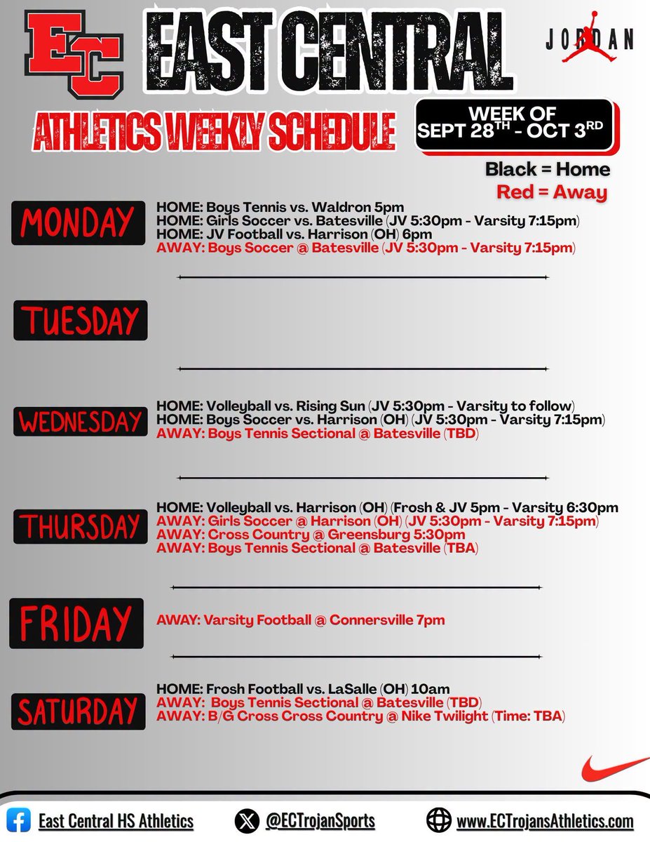 ECTrojanSports's tweet photo. Here is this week's busy Fall Sports Schedule!
Boys @ECTrojanTennis Sectional week

Last week of regular season for @ECMensSoccer1 &amp; @ec_trojans 

Volleyball, @ecxcountry &amp; @EastCentralFB still a few weeks left! https://t.co/MR7N29iAX8