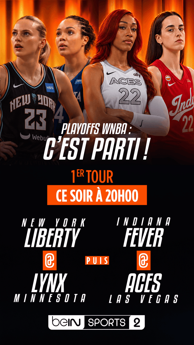 beinsports_FR's tweet photo. 👀 Soirée spéciale lancement des playoffs #WNBA !

🔥 New York #Liberty @ Minnesota #Lynx en direct sur beIN SPORTS 2 à 20H00 !
🔥 Indiana #Fever @ Las Vegas #Aces en direct sur beIN SPORTS 2 à 22H00 ! https://t.co/PGGaK6Ac49