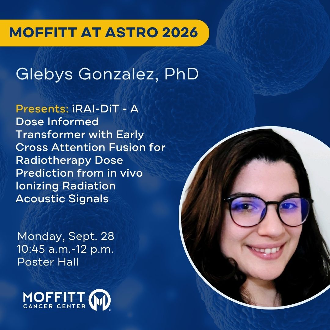 MoffittNews's tweet photo. Tomorrow at #ASTRO26, Glebys Gonzalez, PhD, shares the latest on using in vivo ionizing radiation acoustic signals and AI to predict radiation dose during radiotherapy during the poster session. 

#MoffittASTRO26 @ASTRO_org https://t.co/YLWPAFAz7s