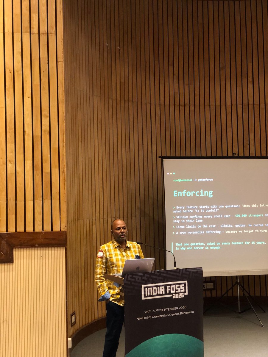IndiaFOSS's tweet photo. 🐧 15 Years, One Server, 8GB RAM and 500,000 Linux Learners: Lessons from Running Webminal
🎙️ lakshmipathi ganapathi https://t.co/tFYi0zPin1