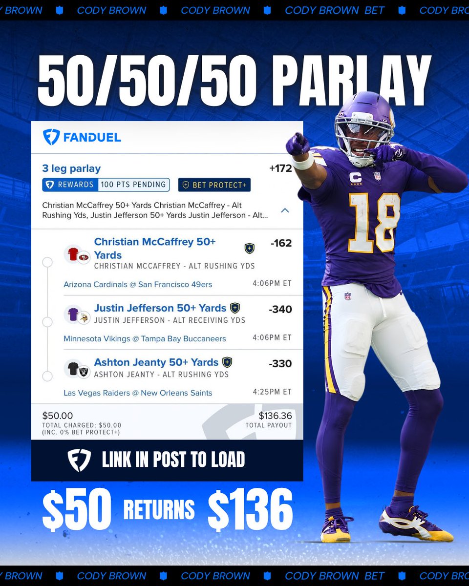 CodyBrownBets's tweet photo. 🤝 50/50/50 Parlay

My favorite weekly bet…

🔗 FanDuel bet link: https://t.co/tcTWcSLpyA

Research below. Let’s go!

21+, gamble responsibly. https://t.co/mHjqNsjVOK