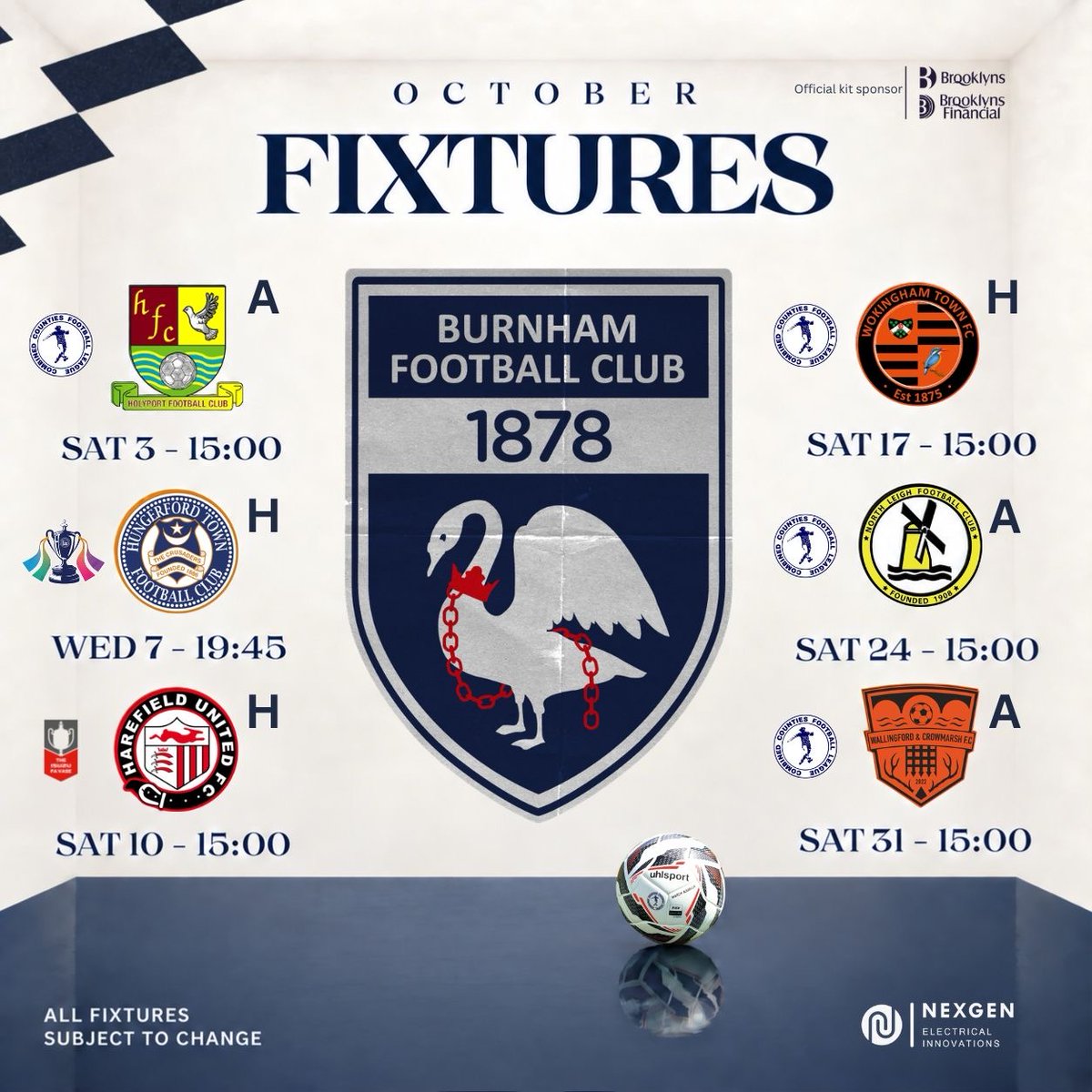 BurnhamFC1878's tweet photo. Burnham FC, October fixtures both home and away, including league and cup matches #Nonleaguefootball
#WatchUsLive 🔥💙
Discover more
https://t.co/aptE7zf6vM https://t.co/rSFPIbbL33