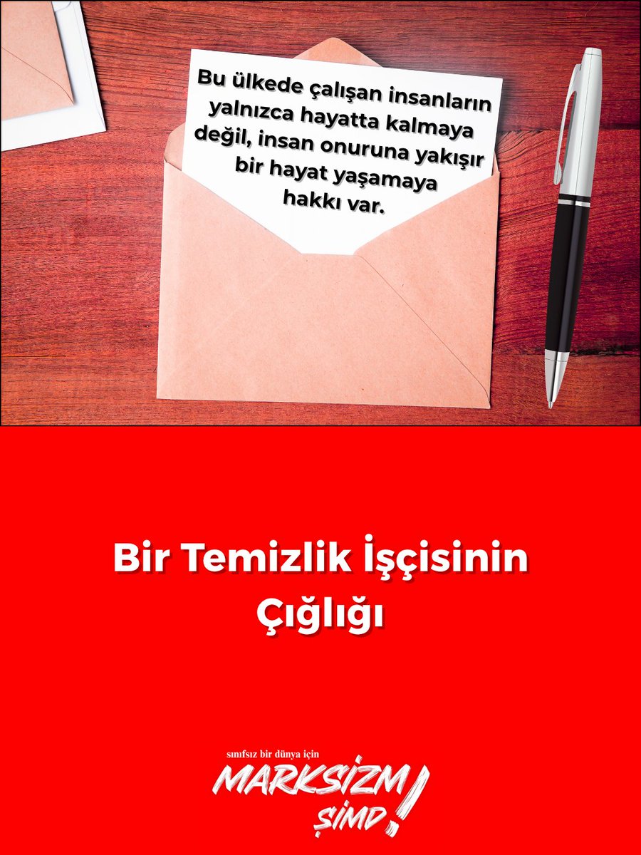 marxsimdi's tweet photo. Bir Temizlik İşçisinin Çığlığı

✉️ Bu ülkede çalışan insanların yalnızca hayatta kalmaya değil, insan onuruna yakışır bir hayat yaşamaya hakkı var.

🔴 Biz hastanelerde başkalarının hayatını korumaya ve onlara hizmet etmeye çalışırken, kendi hayatlarımızın da korunmasını istiyoruz.

🔴 İnsanca ücret istiyoruz.

🔴 Güvenli çalışma koşulları istiyoruz.

🔴 Kadınların işyerinde baskı ve tacizden korunmasını istiyoruz.

🔴 Bağımlılıkla mücadele için gerçek sosyal destek istiyoruz.

🔴 Çalışanların ruhsal sağlığının korunmasını istiyoruz.

✍🏻 Güneş Işık

🔗 https://t.co/rRODBRqP7x