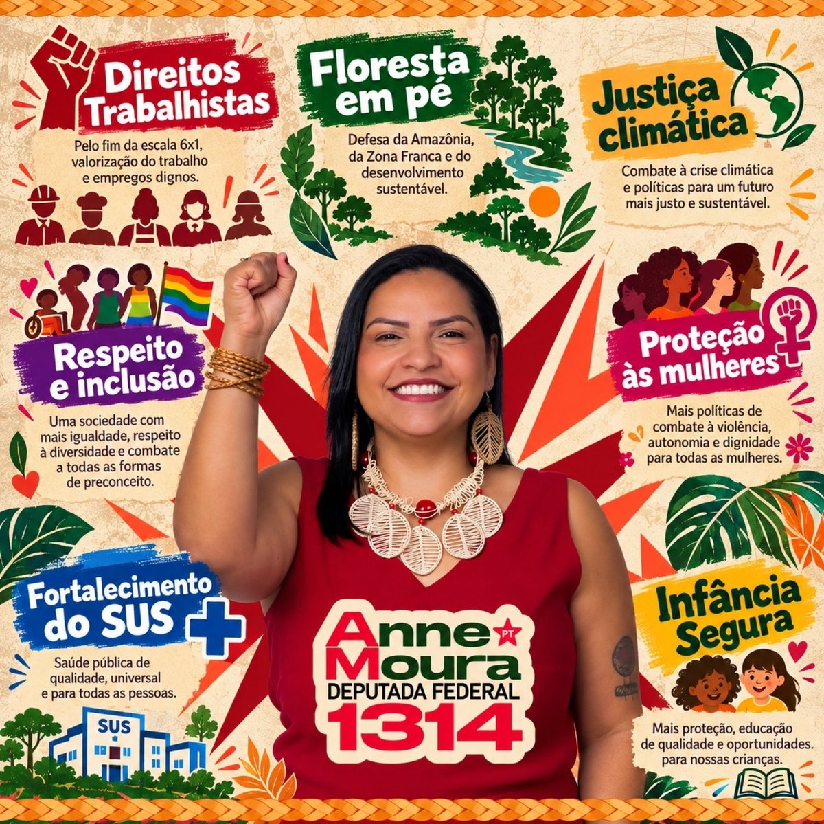 levyyuki_'s tweet photo. Anne Moura 1314 l PT

Mae, feminista, executiva nacional do pt, defende o fim da escala 6x1, a Zona Franca, desenvolvimento sustentável e um plano permanente contra a crise climática no Amazonas. Também apresenta propostas para mulheres, crianças, saúde, educação, creches e desenvolvimento do interior, etc.