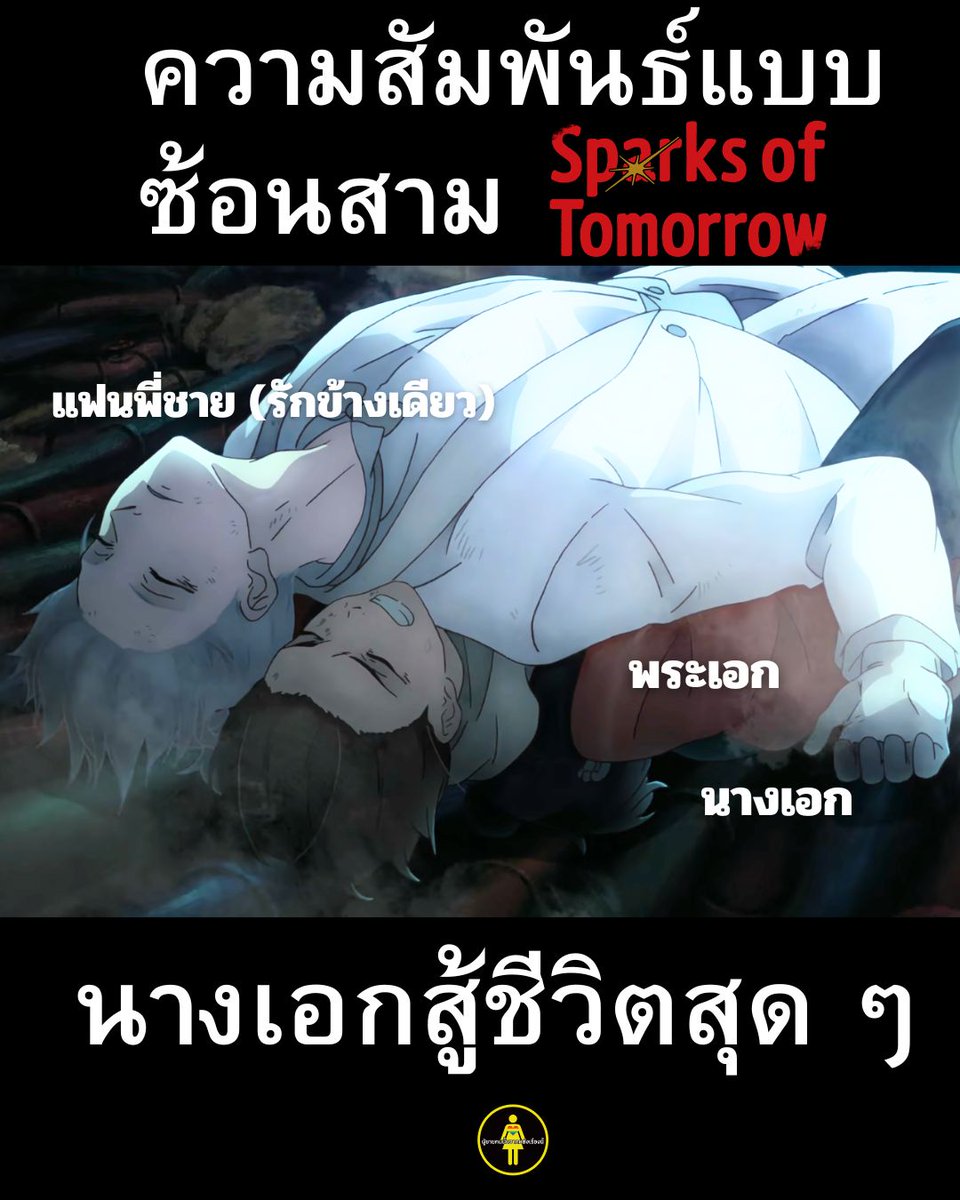 PoohChaiKonNun's tweet photo. Sparks Of Tomorrow Ep.13 Wide Awake 
#SparksOfTomorrow #二十世紀電氣目録

ถือว่าจบได้สวยและจบในแบบที่ควรจะเป็นแล้ว สรุปเรื่องนี้ โยสึเกะคือเกย์ที่โดนชายแท้หลอกให้เป็นสปอนเซอร์ทำเครื่องไฟฟ้า จนละเมอเพ้อพกไปว่าเขารักและจะสร้างอนาคตโลกแห่งไฟฟ้าไปด้วยกัน พอเซโรคุตุยไปก็ทำใจไม่ได้จนเป็นบ้า สุดท้ายก็รู้ว่าไม่เคยอยู่ในใจไม่เคยอยู่ในแผนการสร้างอนาคตของเขาเลย สุดท้ายเป็นบ้าอยากสร้างโรบอทเซโรคุ แต่ทำไม่สำเร็จโรบอทรุ่นแรกยังโง่ไปเลยคิดจะเอาความทรงจำย้ายไปอยู่ที่คิฮาจิแทน แต่ได้อินาโกะนางเอกสู้ชีวิตที่ไม่ยอมให้แฟนต้องตกเป็นเครื่องมือของเกย์เพี้ยนมาทำลายแผนจนสำเร็จ แต่ยัยโยสึเกะดันอยากตายไปพร้อมกับความทรงจำเกี่ยวกับเซโรคุ

 โชคดีที่คิฮาจิ คือคนเดียวที่ฉลาดพอและเห็นใจโยสึเกะ และเข้าใจความรู้สึกของโยสึเกะ แถมยังเป็นห่วงเป็นใยและไม่ถือโทษโกรธโยสึเกะด้วย ช่วยโยสึเกะจนได้ ย้ำชัดๆ ว่าพี่ไม่อยู่แล้ว ตอนนี้คือเราสองคนต้องช่วยกันสร้าง  แถมยังบอกว่าถ้าจะสร้างอนาคตยุคสมัยแห่งไฟฟ้าจำเป็นต้องมีโยสึเกะอีก

นี่แหละทำให้โยสึเกะ ตื่น (Wide Awake) ของจริง 

ที่ผ่านมาโยสึเกะคือคนที่ถูกบีบบังคับโดยครอบครัว แม้ว่าเนื้อหาจะไม่ได้เล่าตรงๆ แต่คงไม่ได้รับความอบอุ่นเท่าไร พี่สาวก็ทำตัวเหลวแหลกสำมะเทเมาเจ้าสำราญ แถมบุลลี่น้องชายมาตั้งแต่เด็กๆ ต่อกันไม่ติดอยู่แแล้ว โยสึเกะที่แทบจะไม่เคยเป็นที่ต้องการ ไม่เคยได้สัมผัสกับใครอย่างแนบชิด กะอีแค่โรบอทเซโรคุล้มมากอดนางยังฟินแทบจะสู่ขิตยอมตายไปกับฝันลมๆ แล้ง ๆ เลยคิดดู

แต่การที่ได้คิฮาจิเป็นคนที่ไม่มีความลับไม่มีลับลมคมใน ไม่เหมือนเซโรคุที่หลอกใช้ไปวัน ๆ (โยสึเกะรู้ว่าเขาหลอกแต่เด็มใจให้หลอกเพราะแค่อยากอยู่ข้างๆ) บอกตรงๆ ว่าต้องการโยสึเกะ นี่แหละคือสิ่งที่ทำให้โยสึเกะรู้ว่าตัวเองมีค่า และตื่นจากฝันของตัวเองได้ซักที

ความดีงามของคิฮาจิ เห็นได้จากการที่ทุกคนพาคิฮาจิหนี มีแต่คิฮาจิคนเดียว (ไม่นับอิโซ) ที่ห่วงโยสึเกะมากและคิดแผนการณ์ช่วยเหลือในทันที ตอนอินาโกะทักว่าโยสึเกะทำหุ่นเซโรคุ คิฮาจิก็ไม่พูดว่าร้ายว่าโยสึเกะเพี้ยนไปแล้ว แต่กลับบอกว่าเป็นคนมุ่งมั่น 

คิฮาจิ คือคนเดียวที่ยอมรับว่าโยสึเกะรักพี่ชาย ย้อนกลับไป EP.2 ได้ว่าคิฮาจิคือคนเดียวที่ถามว่าโยสึเกะเป็นอะไรกับพี่

คิฮาจิอีกคนเดียวนั่นแหละที่รู้ว่าพี่ชายตัวเองไม่ได้ดีเด่อะไร ไม่ใช่หนุ่มอัจฉริยะผู้สดใสอย่างที่ทุกคนมอง คิฮาจิโกรธแค้นที่พี่ตาย เพราะทำให้ตัวเองต้องตกระกำลำบากกับความเจ้าแผนการและความลับเยอะของพี่ แต่สุดท้ายคิฮาจิคือคนที่ให้อภัยทุกคน ให้อภัยพี่ชายที่ตายไปพร้อมสร้างเรื่องไว้มากมาย แต่ก็ยอมรับให้ความฉลาดของพี่ ให้อภัยเคนโงะ ที่หมกเม็ดเรื่องรายการไฟฟ้าและให้อภัยโยสึเกะจนกลายมาเป็นพาร์ทเนอร์กันได้

แต่คนที่อยู่เบื้องหลังคิฮาจิอีกทีก็คืออินาโกะ เด็กสาวที่มีพลังแห่งการเชื่อมั่น และเป็นคนที่กล้าที่จะออกจากกรอบมาทำตามฝัน อินาโกะไม่ยอมแพ้ และคิฮาจิก็ได้พลังมาจากเธอ

เรื่องนี้เลยเขียนตัวละครออกมาได้ดีมาก ๆ ตัวละครมีหลายแง่มุมและมีพัฒนาการ คิฮาจิและอินาโกะเป็นคู่ที่เหมาะสมกันและสร้างแรงบันดาลใจ ฉากสุดท้ายที่ให้อินาโกะพาคิฮาจิมาดูฟูจิด้วยกันมันดีมากๆ บอกรักแบบไม่มีคำว่ารักจนคิฮาจิฝันเห็นงานแต่งงานของตัวเองเลย คือคนที่เหมาะสมที่จะสร้างอนาคตไปด้วยกัน 

(ต่อ)
