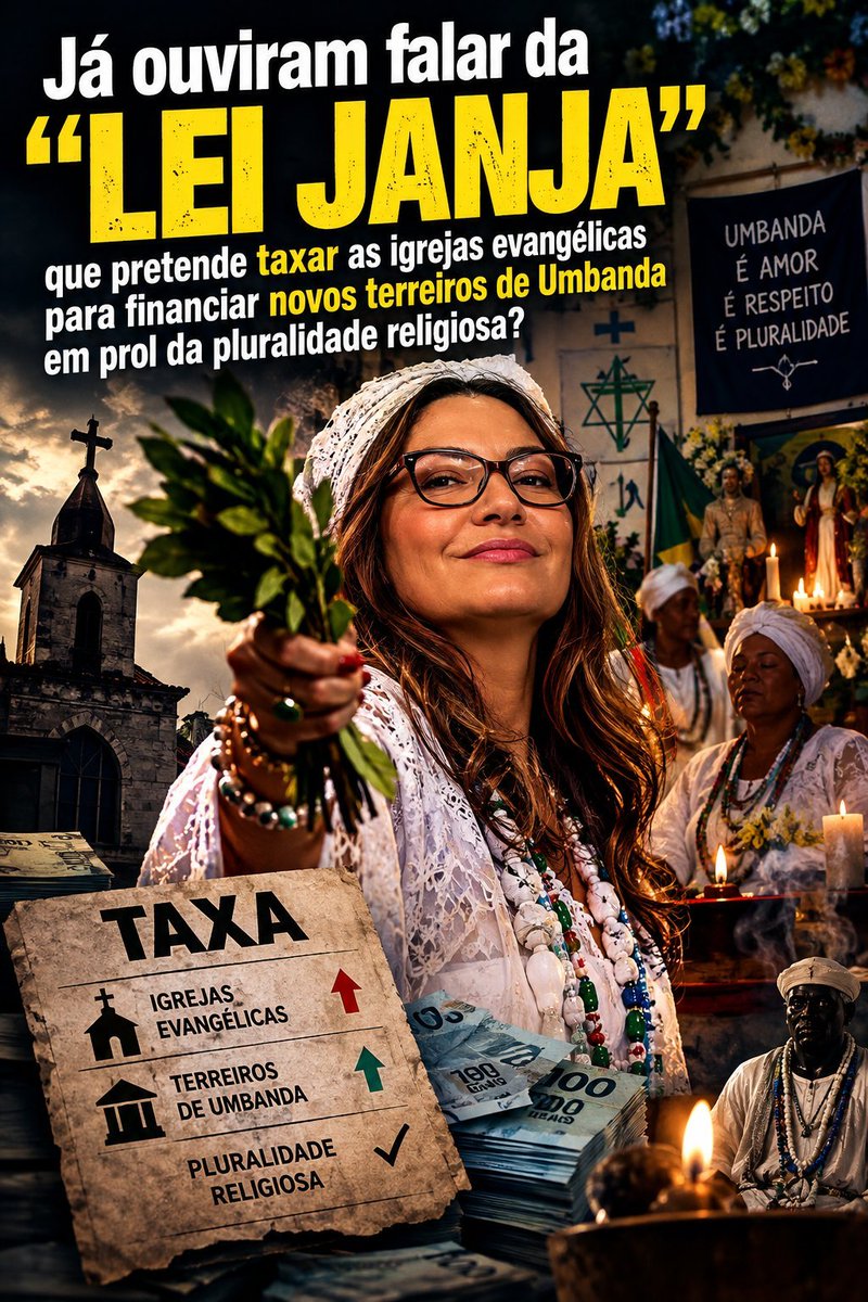 Byanu's tweet photo. 🚨 URGENTE

Na reta final das eleições, o governo deixa vazar a Lei Janja, que visa taxar igrejas para repassar o valor a terreiros de macumba. Não podemos deixar isso acontecer. Envie esta mensagem a todo evangélico que você conhece. https://t.co/wY9RXm99lZ