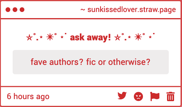 sunkissedfic's tweet photo. authors i'll read literally ANYTHING from: midnighteverlark, pinkcash, geekinpink, purescent, bylerific, athousandcas, liminalyearning, alice_reese48, 2lostinwonderland
new (to me) authors I'm excited to dive into their backcatalog: secretxgardensinmyxmind, travestys, IndyBaggins https://t.co/ksjoejuSir