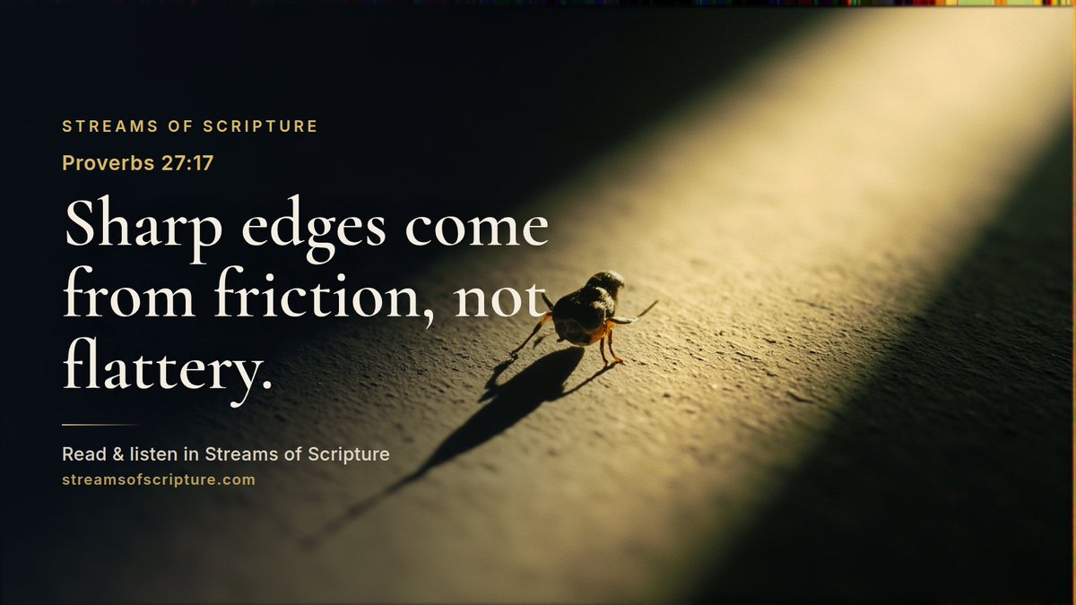 StreamScripture's tweet photo. Proverbs 27:17 is part of a tightly packed collection of one-line proverbs in chapter 27, where Solomon contrasts the hidden dangers of flattery with the value of honest correction.

Read &amp; listen link below ↓

#Proverbs27 #Genuine https://t.co/51ECObBfD3