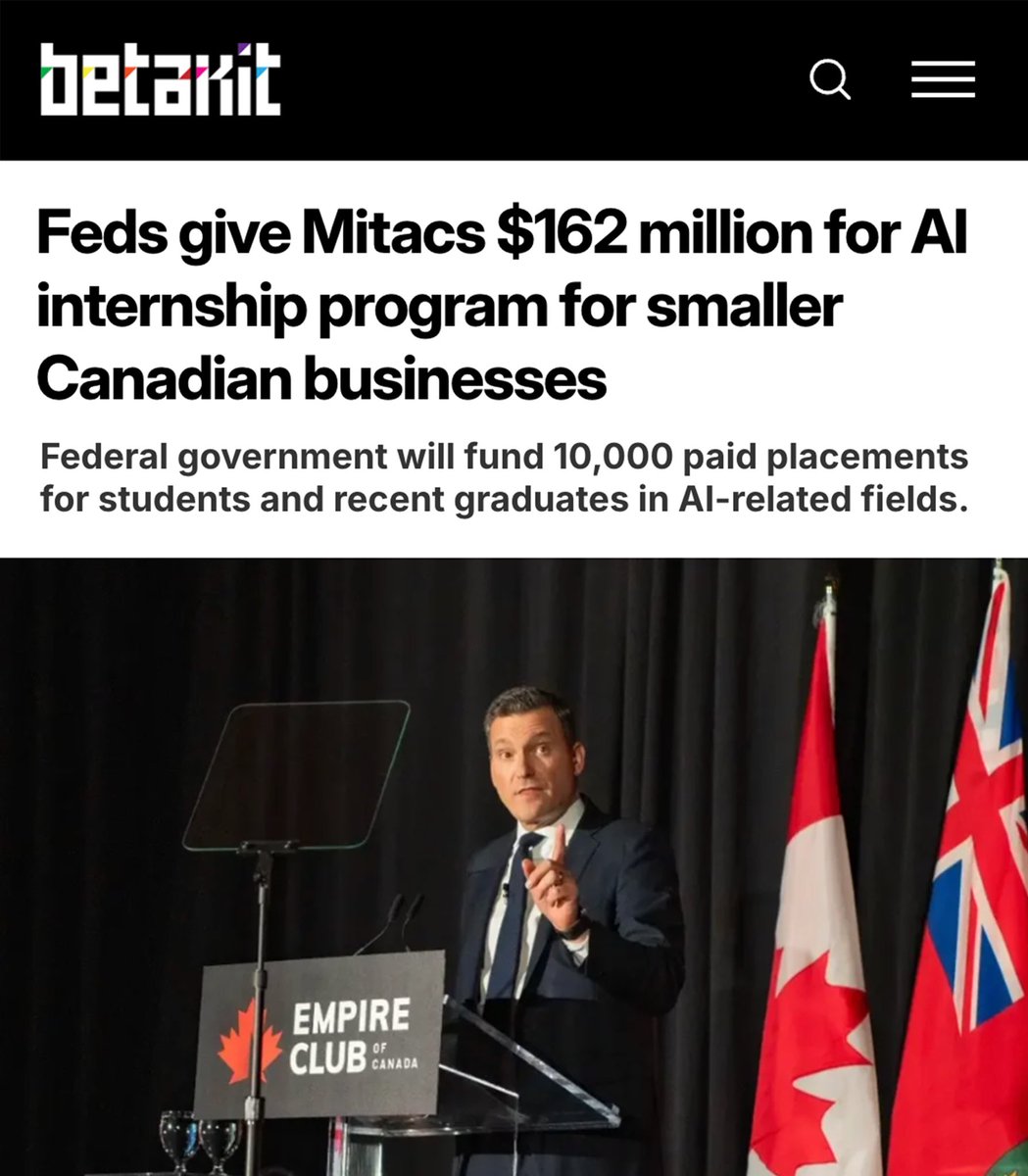 MarkJCarney's tweet photo. AI that builds Canada strong for all: that’s our mission. 
 
We’re supporting 10,000 AI-related internships for young Canadians — to empower them to use this technology safely and confidently. https://t.co/boHzf2lnGQ