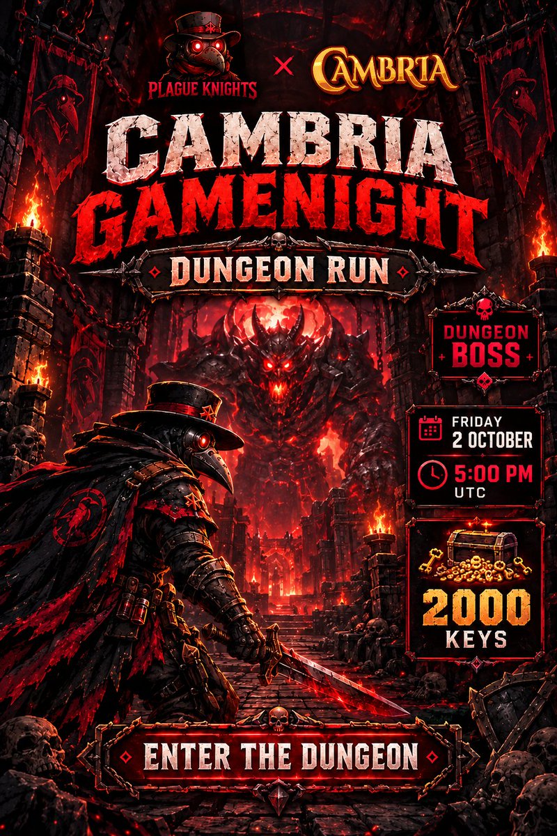 Plague_Knights's tweet photo. We’re back with another PK × CAMBRIA Game Night 🔥

This time, we’re taking on the Dungeons with 2,000 Keys up for grabs 🔑
Get ready for intense Dungeon runs, tough monsters, bosses, and a Leaderboard challenge where every run counts ⚔️

Date & Time: Friday, October 2 @ 5 PM UTC 🗓️
How to join:
1️⃣ Follow @Plague_Knights and @playcambria
2️⃣ Like, Retweet, and drop a comment below
3️⃣ Head over to our Discord sign-ups channel to register: https://t.co/YTE4Vw3HoN
Make sure to register early. Registration closes 24 hours before the event. ⚠️
📌 Note: Creator Code PK is required to sign up.

See you in the Dungeon 💚