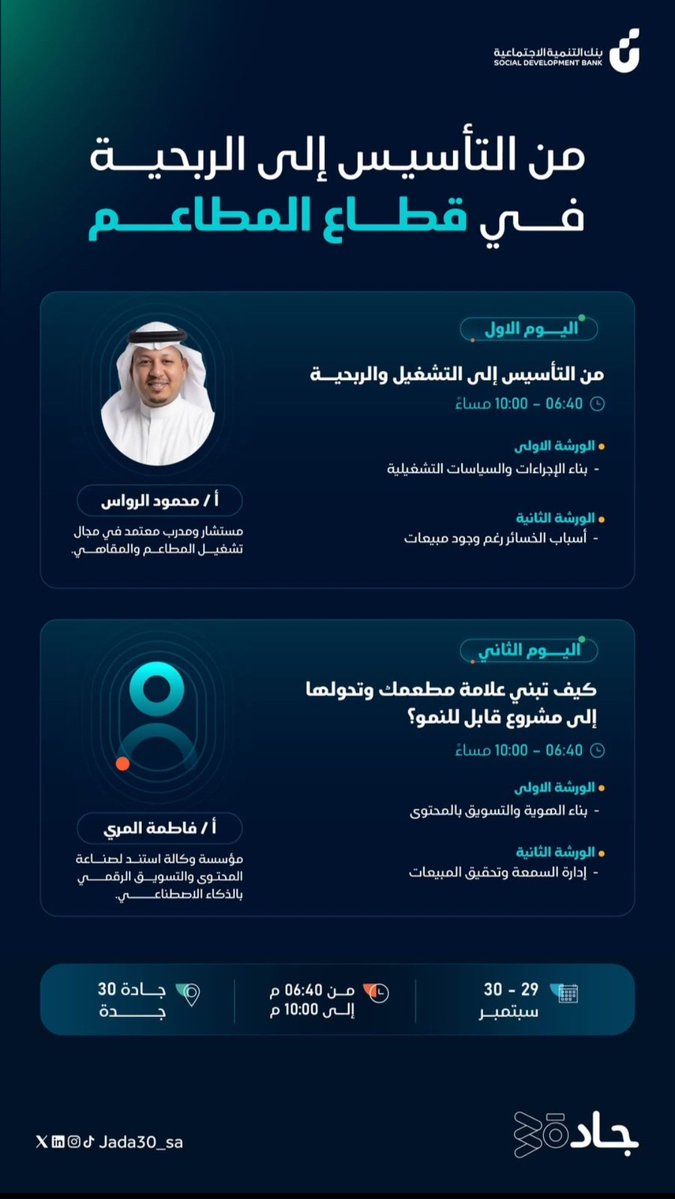 4mh's tweet photo. مشروعك في المطاعم أو المقاهي… وين واقف اليوم؟ 🍽️

هل أنت في مرحلة تأسيس المشروع وتبغى تبدأ بخطوات أوضح؟

أو عندك مشروع قائم، وعندك مبيعات وعملاء… لكن الأرباح ما هي بالمستوى المتوقع؟

أو يمكن التحدي مو في المنتج، بل في كيف تظهر علامتك للعميل وكيف توصل له؟

على مدى يومين، نأخذك في رحلة تبدأ من تأسيس وتشغيل المشروع، ونصل إلى تسويق العلامة وبناء حضورها أمام العميل.

إذا كنت مؤسسًا لمطعم أو مقهى، أو تخطط لدخول هذا القطاع، هذه الدورة لك.

🗓️ 29 – 30 سبتمبر
🕕 6:40 – 10:00 مساءً

📍 جادة 30 – جدة
التسجيل مجاني

🔗 رابط التسجيل:
https://t.co/GbinkFyT6K

📍 موقع جادة 30 – جدة:
https://t.co/Wi7e4i93sU

✔️بعد التسجيل، انضم لقروب الورش  بجادة ٣٠ لمتابعة التفاصيل والتحديثات
https://t.co/K16fF7a43y