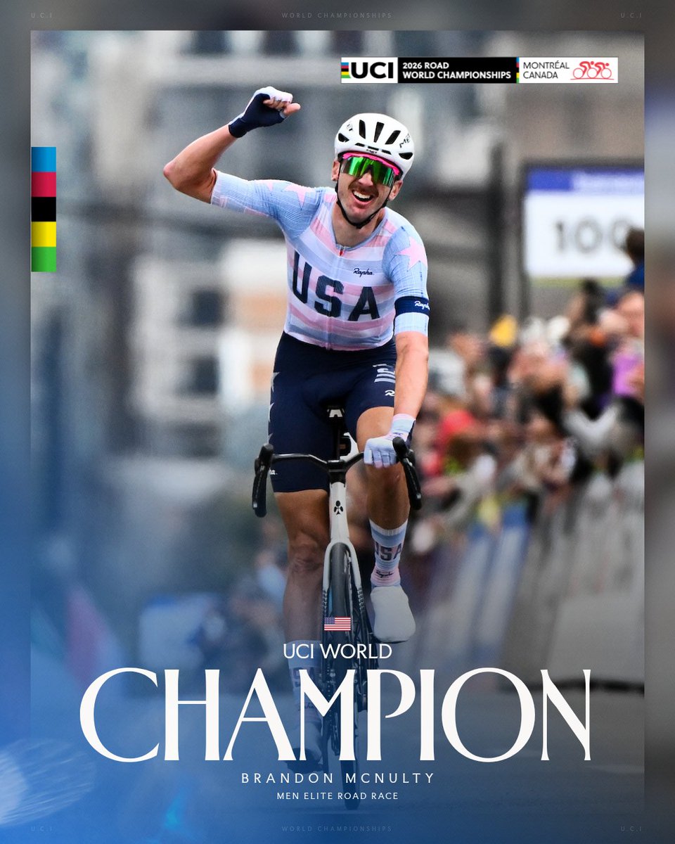 UCI_cycling's tweet photo. BRANDON MCNULTY IS WORLD CHAMPION! 🇺🇸🌈

The American launched an unbelievable attack and he never looked back🔥

#Montréal2026 https://t.co/fDhAESoOaR