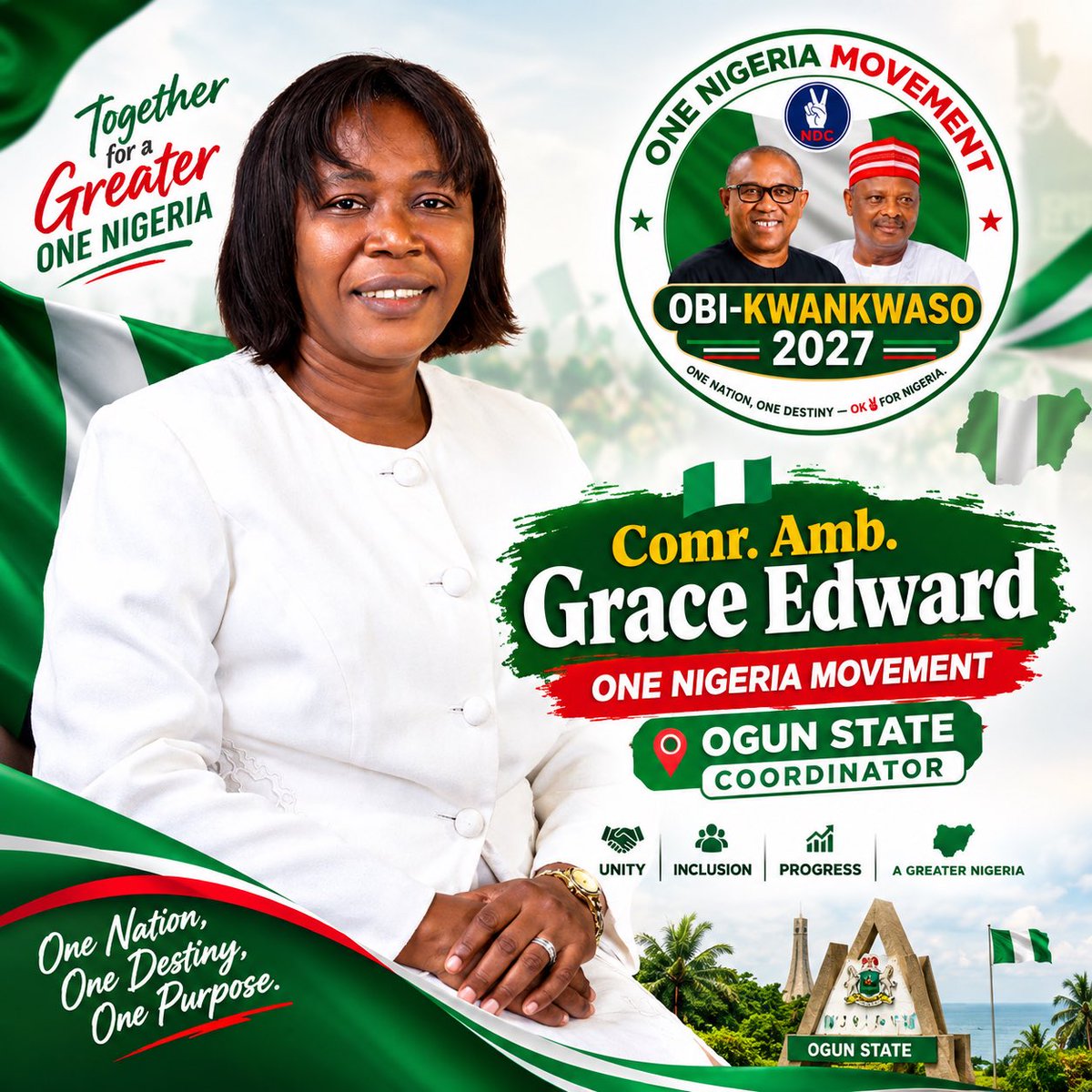 onenigeriaogun's tweet photo. “Leadership begins at the grassroots. 🇳🇬”
Meet Comr. Amb. Grace Edward, Ogun State Coordinator of the One Nigeria Movement.
Through grassroots engagement and community participation, her role contributes to the movement’s broader focus on national unity, inclusion, responsibility https://t.co/wQM9CtOGIi