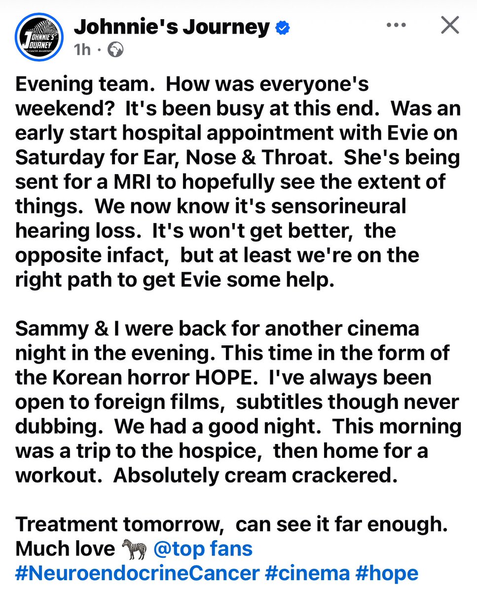 JMeeksJourney's tweet photo. Tonight’s update from Johnnie.. sending lots of love to Evie, hoping she gets good results from the hearing scans. Hope everyone had a great weekend 🦓🤍🖤/M 
#NETcancer   #livingwithNETs https://t.co/SX2DYKbuk9