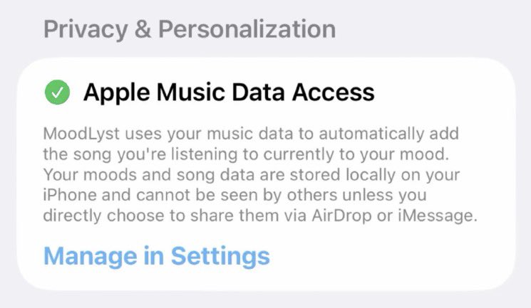 moodlystapp's tweet photo. I was so pumped to get this iPhone Duo update out that I accidentally left out the privacy section to enable/disable ‘Apple Music Data Access’ from Profile View.

You can still toggle this on/off in iOS Settings.  

Submitting 4.2 soon which will re-add this privacy section. https://t.co/DIjpKQRlNf