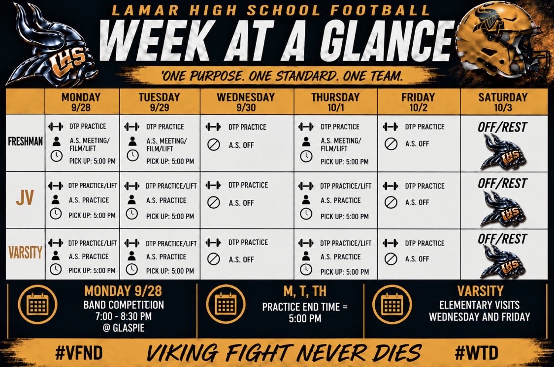coach_najarro's tweet photo. 🔥 BYE WEEK, BUT THE WORK DOESN’T STOP! 🔥

Viking Nation, check out this week’s schedule! We’re using the bye week to recover, develop, and keep getting better. 💪🏈

Different week. Same standard.

⚔️ VIKING FIGHT NEVER DIES!
#VFND | #ELEVATE | #NORTHSIDE https://t.co/No0cQzAHHf