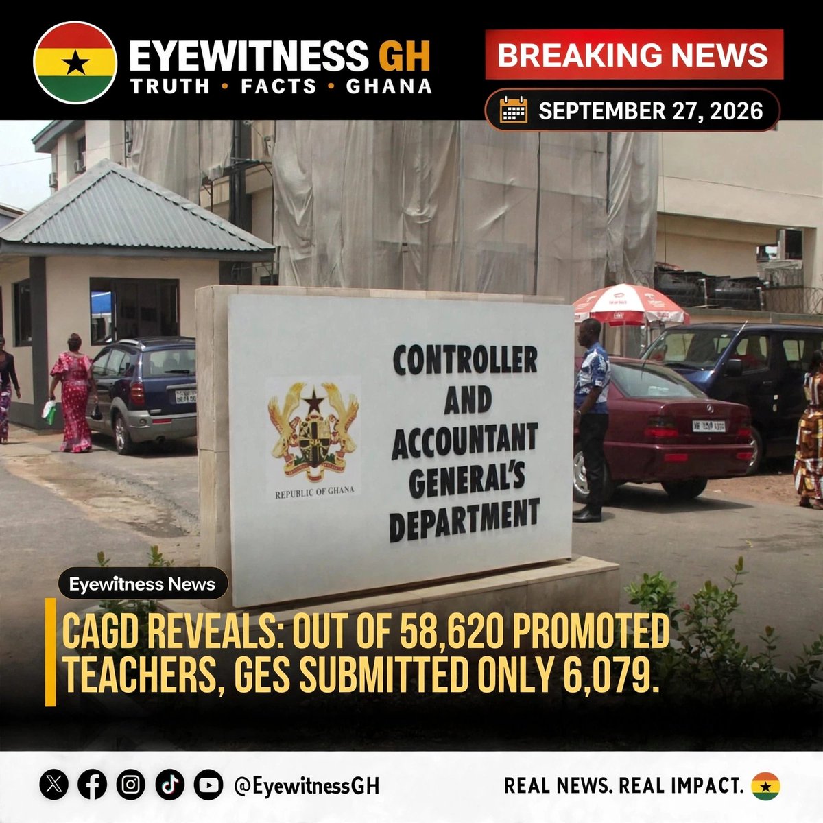 Eyewitnessgh's tweet photo. BREAKING: CAGD Reveals It Received Only 6,079 Out of 58,620 Promoted Teachers from GES

According to Controller and Accountant-General's Department, out of 58,620 teachers promoted by GES, only 6,079 files have been submitted for salary upgrade.

#EyewitnessGH #CAGD #GES #Teachers #GhanaNews