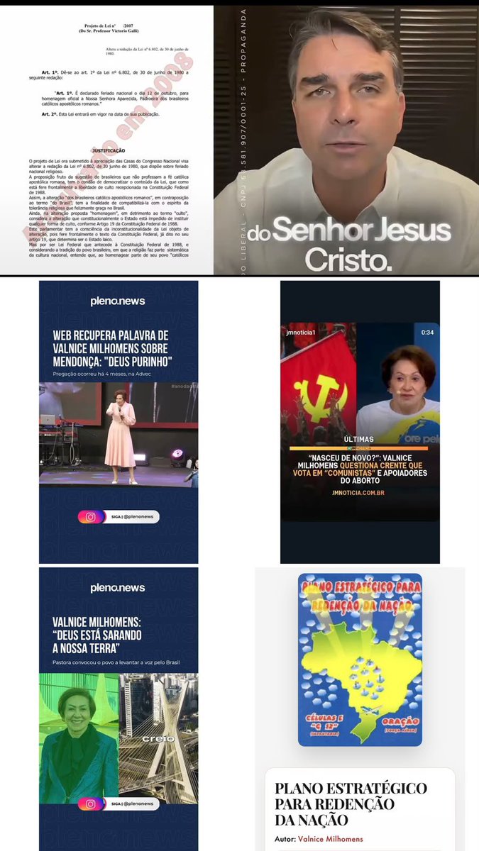 AndradeRNegro2's tweet photo. Com a decisão do ministro Flávio Dino, este meu texto, censurado por André Mendonça, está de volta: 

SOBRE EVANGÉLICOS, A PADROEIRA, FLÁVIO BOLSONARO E MARIA CRISTINA FERNANDES

É bom ter memória. Desde ontem o bolsonarismo, a partir de uma atitude da própria Rede Globo, está atacando e tentando descredibilizar a jornalista Maria Cristina Fernandes.

E, antes de voltar tanto no tempo, é preciso lembrar que recentemente Flávio Bolsonaro, do mais absoluto nada, apareceu dizendo que, caso fosse eleito, um dos seus primeiros atos seria decretar que “o Brasil é do Senhor Jesus Cristo”. A declaração foi feita publicamente por ele em agosto. 

Dentro de determinados setores do universo evangélico, sabemos de onde vem essa linguagem. Ela faz parte de uma teologia política que lê a nação como um território em disputa espiritual e entende que o país precisa ser “conquistado” para Cristo.

Um dos expoentes brasileiros dessa corrente é a pastora Valnice Milhomens. Ela escreveu o Plano Estratégico para a Redenção da Nação. Não é uma interpretação de adversários: o livro existe e foi estudado academicamente. 

Nele, Valnice propõe a conversão da nação por meio de batalha espiritual, oração, adoração, implantação de células e conquista de territórios. Pesquisa da Universidade Federal da Bahia que analisou diretamente a obra descreve exatamente esse projeto de “conversão maciça dos brasileiros”. 

No plano, o Brasil é apresentado como território submetido a “principados” espirituais. A estratégia envolve uma “força aérea”, formada pela intercessão e pela batalha espiritual, e uma espécie de “infantaria”, responsável pela evangelização e ocupação do território através das células. Há ainda o enfrentamento daquilo que o movimento chama de “principado da idolatria”.

É nesse contexto que aparece a “Rainha dos Céus”. Valnice, que faz explícitos ataques à esquerda e defende o bolsonarismo, relaciona essa entidade a Diana ou Ártemis de Éfeso, citada no livro dos Atos dos Apóstolos, e propõe seu enfrentamento espiritual. 

Na mesma corrente teológica, lideranças como Neuza Itioka e C. Peter Wagner associaram a “Rainha dos Céus” às manifestações do culto mariano, chegando a identificar Nossa Senhora Aparecida como sua principal manifestação no Brasil.

Portanto, apesar dos desmentidos que nascem do temor da perda de votos, Flávio Bolsonaro sabia exatamente a quem estava tentando agradar ao propor o tal decreto. Se até mesmo evangélicos estranharam a ideia, alguns líderes celebraram a promessa porque a veem como uma vitória contra a "potestade da idolatria". 

O decreto de Flávio, para eles, é uma conquista no mundo espiritual. 

Quando um candidato à Presidência promete que seu primeiro ato será decretar que “o Brasil é do Senhor Jesus Cristo”, essa frase tem história. Para uma parte expressiva desse movimento, “redimir a nação” sempre significou disputar território, cultura e poder político contra aquilo que considera idolatria e domínio espiritual.

É por isso que memória faz diferença.