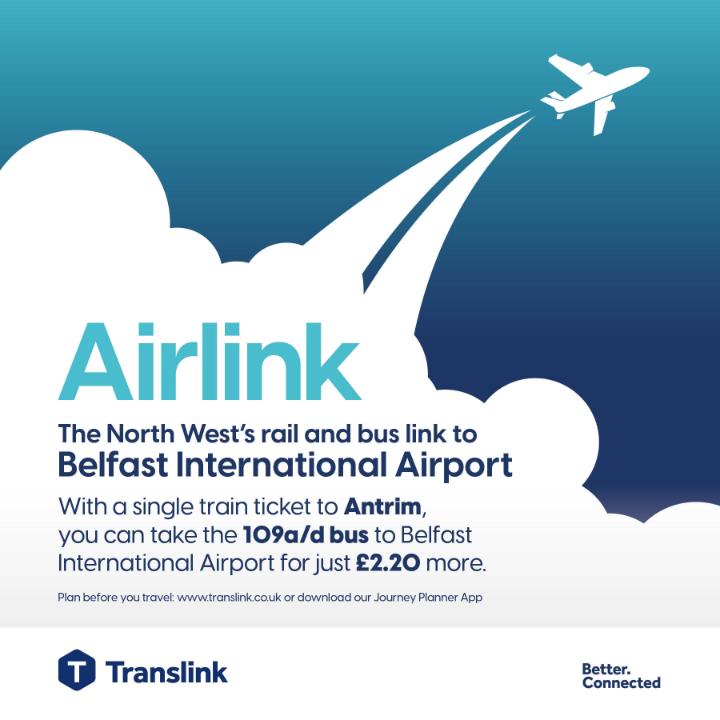 Translink_NI's tweet photo. ✈️ Going to @belfastairport? Travel with Airlink, the North West’s rail &amp; bus connection to the airport

🚆 Buy a single train ticket to Antrim &amp; take the 109a/d bus for just £2.20 more

👉 Plan your journey via https://t.co/s1ELHe2lg8 or our Journey Planner app

#BetterConnected https://t.co/qRR3z0rYLf