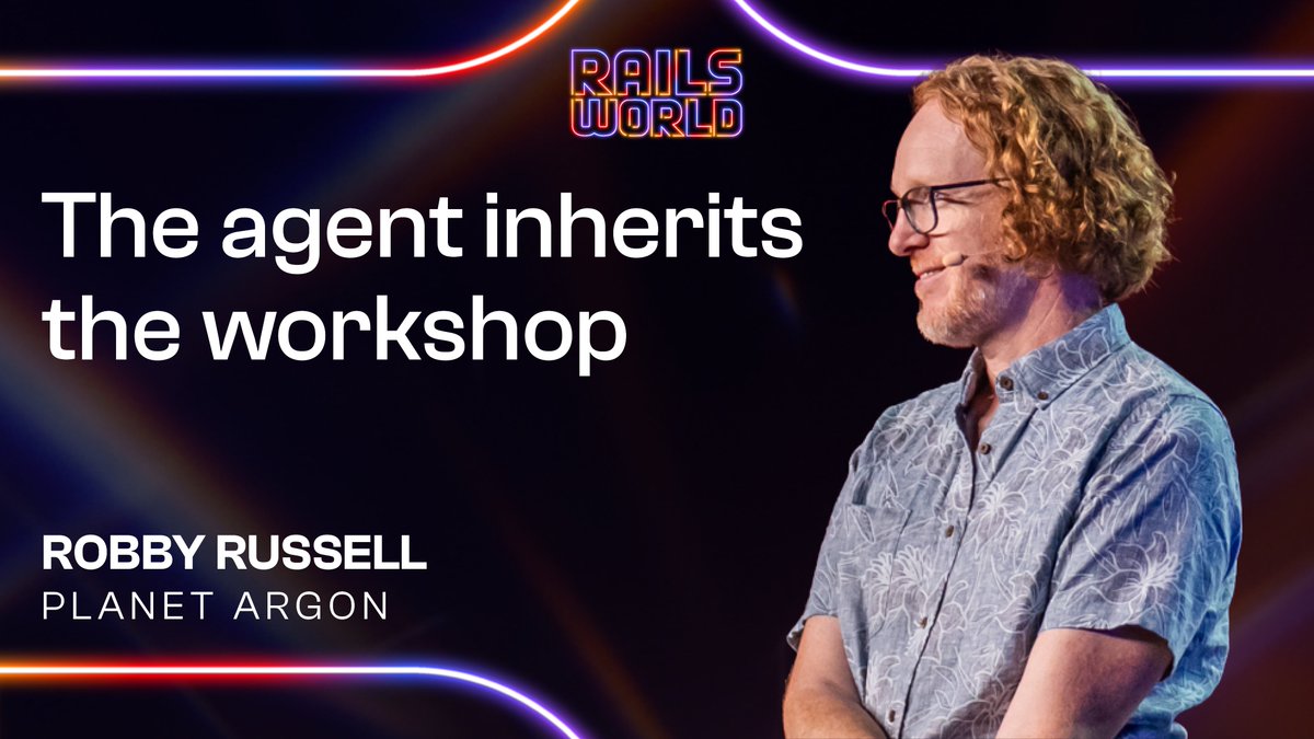 rails's tweet photo. In this day one closing keynote from #RailsWorld 2026, @robbyrussell (@planetargon) talks about the "local workshop" every mature Rails app builds on top of the framework: the patterns, shortcuts, workarounds and oral traditions that teams quietly learn to compensate for, and that AI coding agents are now tripping over.

Drawing on years of experience, Robby agrees that while producing code has gotten cheaper, deciding what belongs, what can be trusted and what should change still takes human judgment. 

Find the full talk here: https://t.co/7qaHaSvaKt