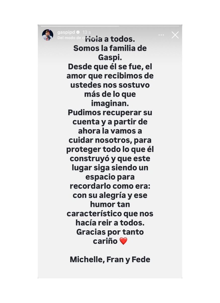 COTM_2's tweet photo. La familia de Gaspi finalmente pudo recuperar su Instagram.

Ahora será un espacio para recordar su alegría y humor 'tan característico. https://t.co/6EjemJuLWE