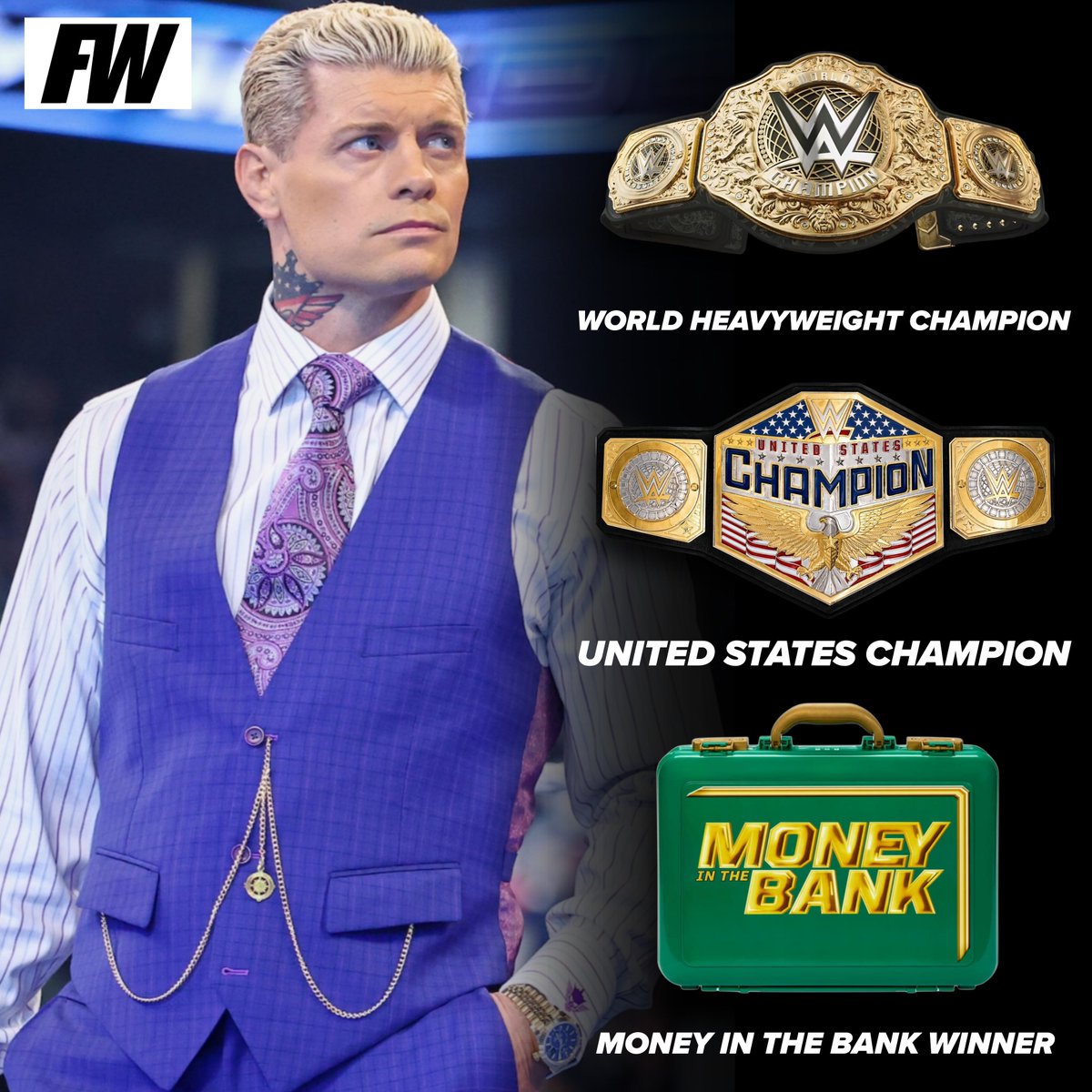 WrestleFriendly's tweet photo. Cody Rhodes’ remaining WWE accolades:

— World Heavyweight Championship
— United States Championship
— Money in the Bank briefcase https://t.co/7QsJ0BEY73
