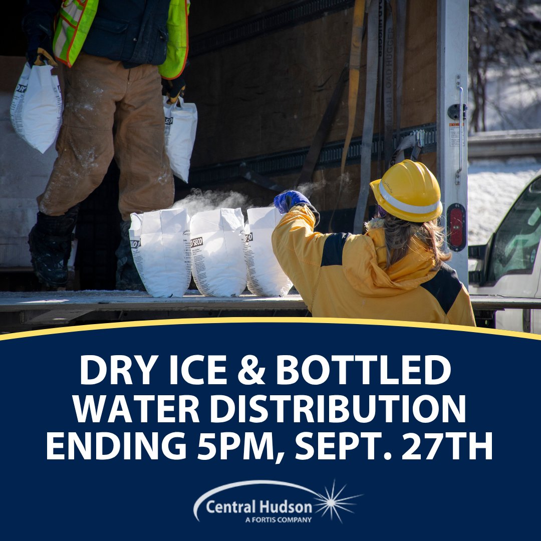 CentralHudson's tweet photo. As restoration efforts continue, today's dry ice and bottled water distribution will wrap up at 5p.m. 

Thank you for your patience and understanding! ⚡

#StormSafety #StormRestoration #CentralHudson https://t.co/22Ph9maVxH