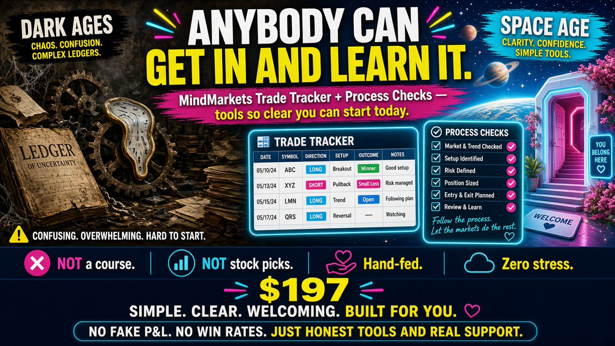 MindMarkets2026's tweet photo. Anybody can learn the process.

MindMarkets Trade Tracker + Process Checks — $197 one-time.
Not a course. Not stock picks.
Questions? mindmarkets2026@gmail.com

#MindMarkets2026 #TradeTracker #ProcessChecks #ChaosToConfidence #AnybodyCanLearn https://t.co/dNERe5nq5M