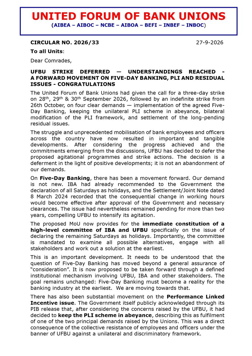AIBEAofficial's tweet photo. #UFBU STRIKE DEFERRED — UNDERSTANDINGS REACHED - 
A FORWARD MOVEMENT ON FIVE-DAY BANKING, PLI AND RESIDUAL 
ISSUES - CONGRATULATIONS https://t.co/benHVhjqsf