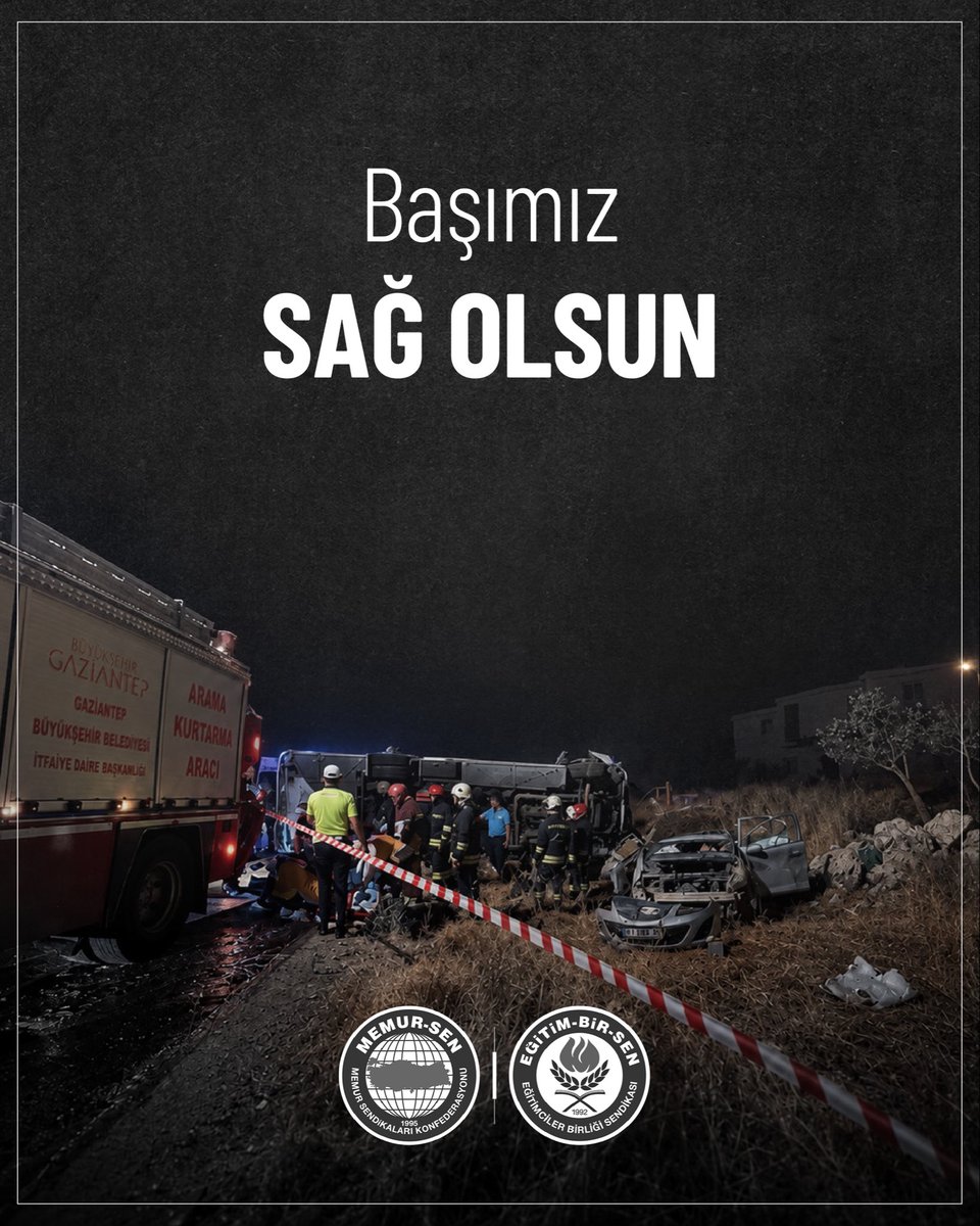 EgitimBirSen's tweet photo. Gaziantep’te yolcu midibüsü ile otomobilin çarpışması sonucu meydana gelen elim kazada 7 vatandaşımızın hayatını kaybettiğini, 16 vatandaşımızın yaralandığını büyük bir üzüntüyle öğrendik.

Vefat eden vatandaşlarımıza Allah’tan rahmet; ailelerine ve yakınlarına sabır, yaralılarımıza acil şifalar diliyoruz.

Milletimizin başı sağ olsun.