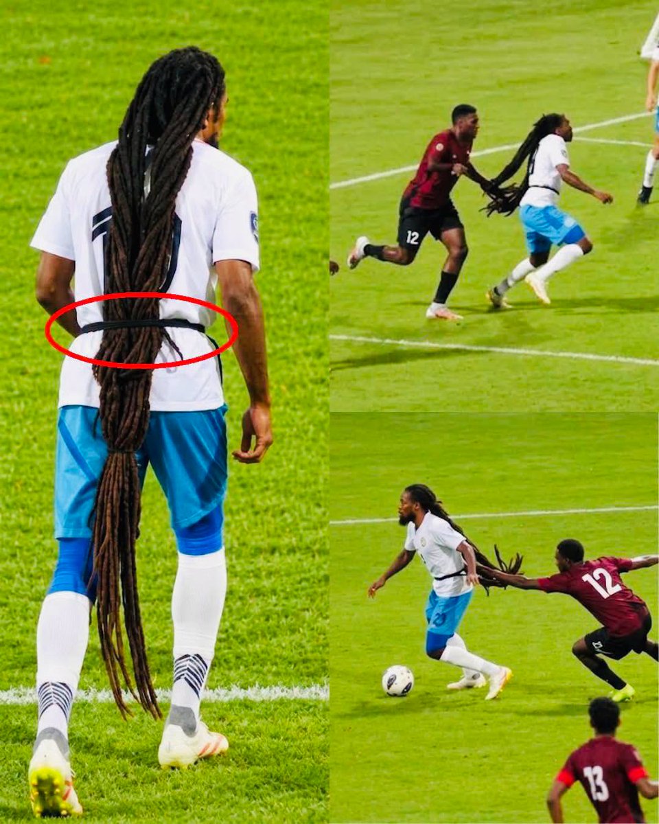 Footballtweet's tweet photo. 🚨 Anguilla international Aedan Scipio, who boasts one of the most incredible hairstyles in football, got TWO Barbados players sent off after they pulled his hair during the match. 🟥😭🟥 https://t.co/4t1xb0p0b3