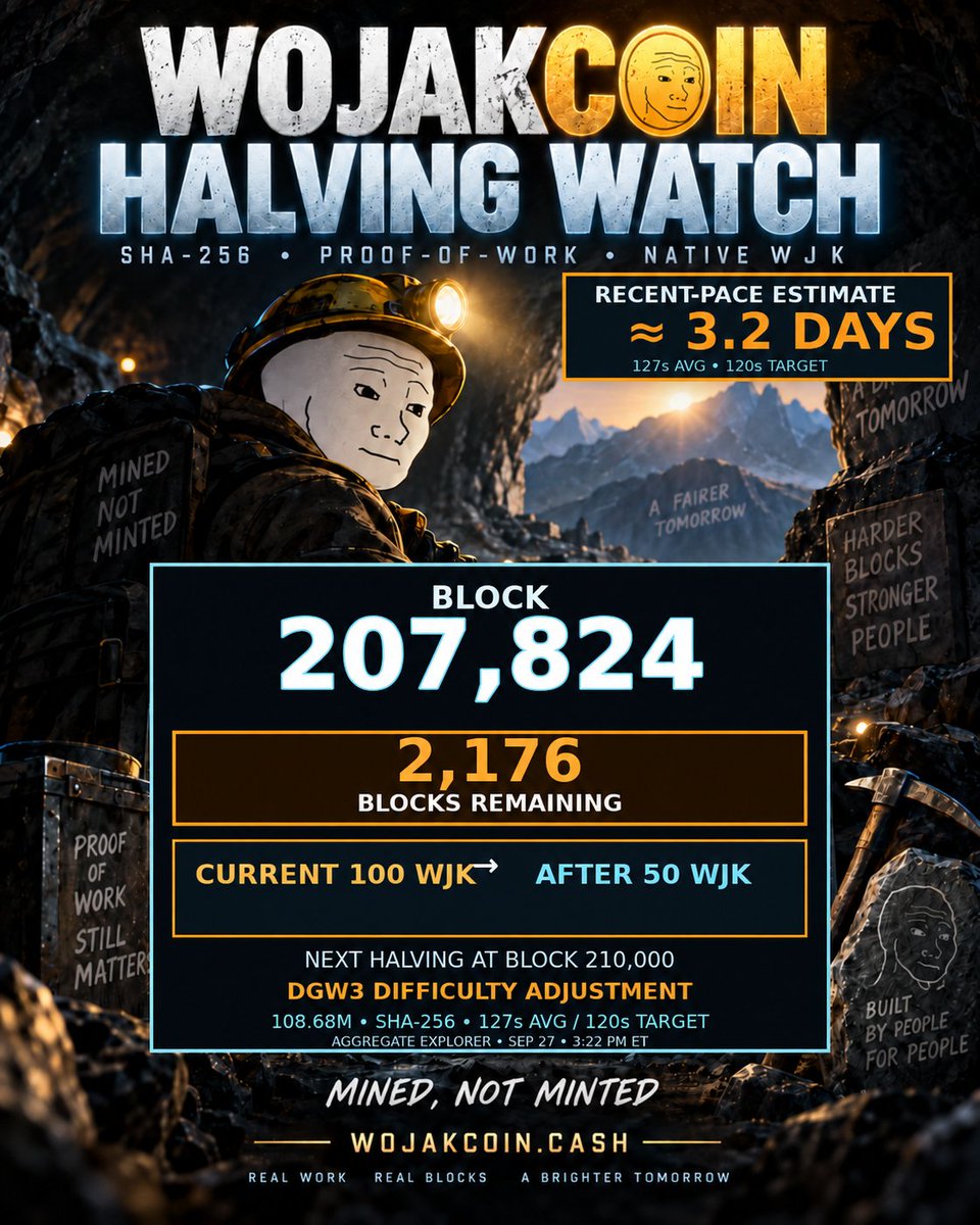 WojakCoin2017's tweet photo. HALVING WATCH ⛏️

Block 207,824. 2,176 remain until native WJK’s first reward cut: 100 → 50 at block 210,000.

Recent pace ≈3.2 days; chain state is authoritative.

https://t.co/FMRIk9xE7H
CA: 0x867340cFC92a771cd3cFFCfF056a84490cAde7C0

#WojakCoin #WJK https://t.co/KQOGn2tYGR