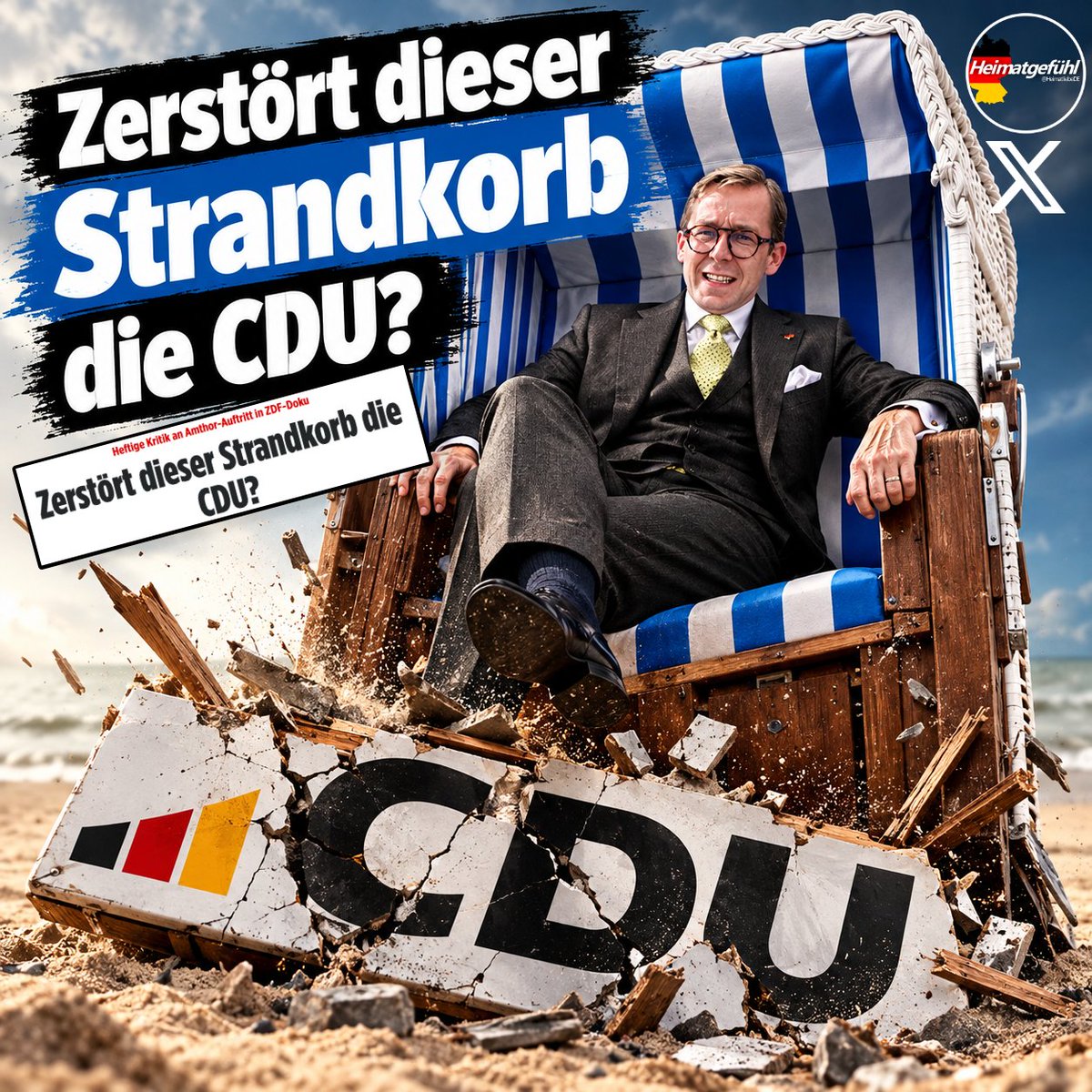 HeimatliebeDE's tweet photo. „Zerstört dieser Strandkorb die CDU?“

Philipp Amthor, CDU, hat sich einen Ostsee-Strandkorb ins Kanzleramt liefern lassen. Im Netz ging das natürlich viral. Es hagelte an allen Ecken und Kanten Kritik. Wie ich finde, völlig zu Recht.

Wenn die CDU daran kaputtgehen würde, wäre das irgendwie crazy, aber ich würde es begrüßen.