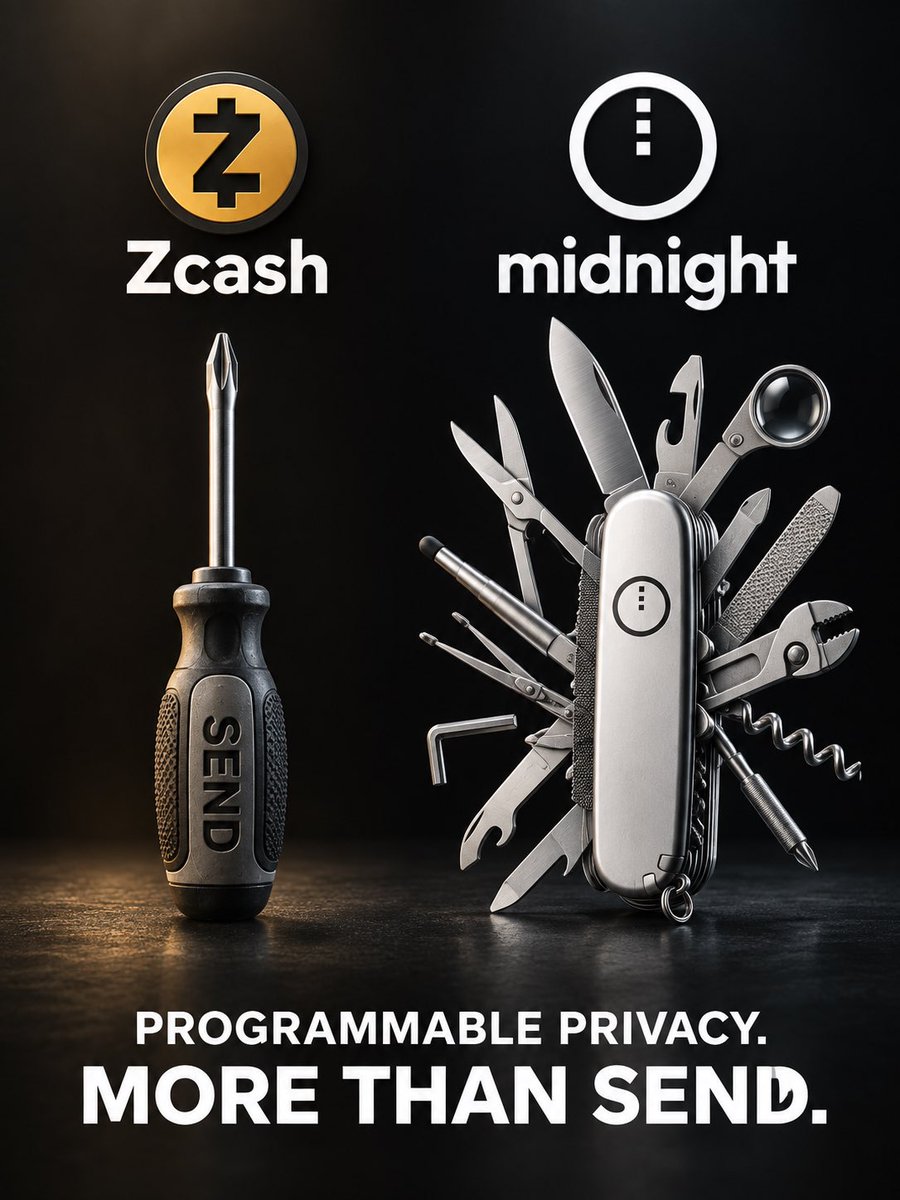 StakeWithPride's tweet photo. Zcash does one thing.

Midnight does everything else.

Programmable Privacy.

Not just send.  midnight-3:native https://t.co/Szt6AMOxZy