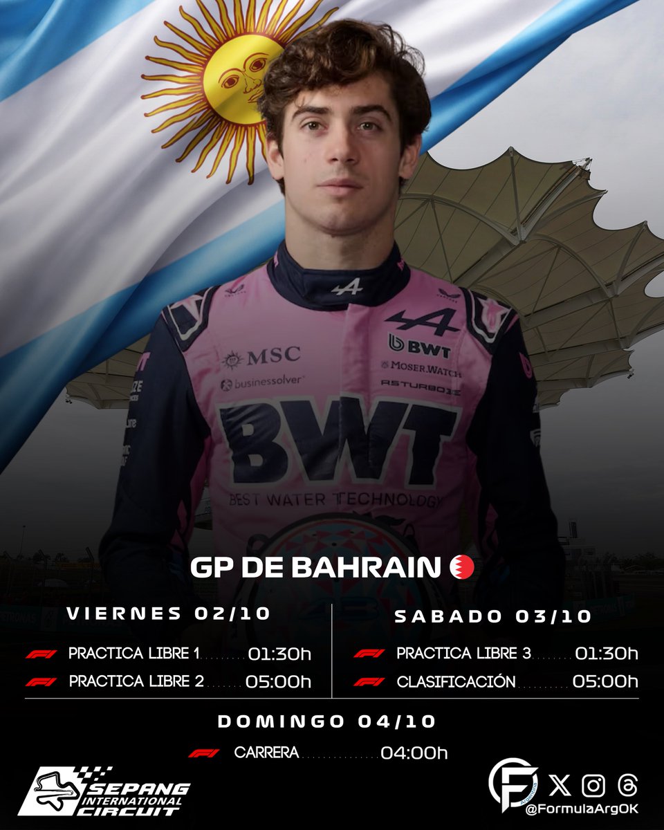 FormulArgOK's tweet photo. 📢|| Fin de semana del #BahrainGP🇧🇭 el cual se disputará en el trazado de Sepang, Malasia🇲🇾

Todos los horarios de Argentina🇦🇷 para seguir a @FranColapinto durante el fin de semana en Sepang!

#F1 #Colapinto #MalaysiaGP https://t.co/QpGwIjBL0u