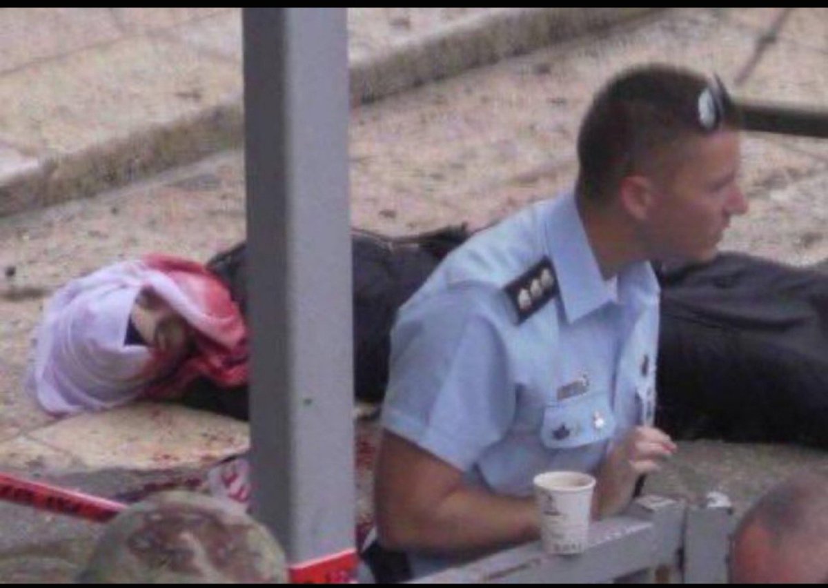 Sadecemihenk's tweet photo. This is how Palestinians were treated even before October 7.

An Israeli officer shot this Palestinian girl 10 times, then drank his coffee while leaving her to bleed to death.

Watching someone die while drinking coffee… Is this humanity?

(A true incident from 2015) https://t.co/VDTUKYEmYo