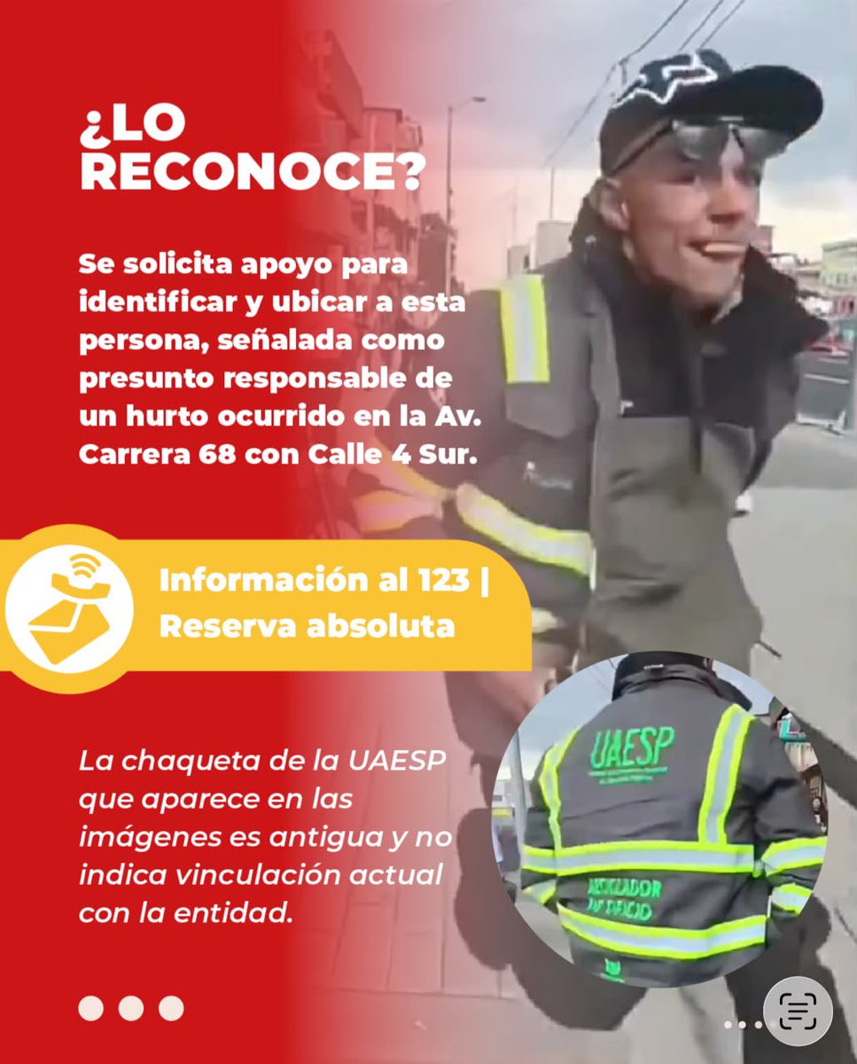 Alcaldiakennedy's tweet photo. 🚨 ¿Lo reconoce? 

Solicitamos el apoyo de la ciudadanía para identificar y ubicar a esta persona, señalada como presunta responsable de un hurto ocurrido en la Av. Carrera 68 con Calle 4 Sur. 📞 

Cualquier información, comunícate al 123. https://t.co/EUmWvvhKg7