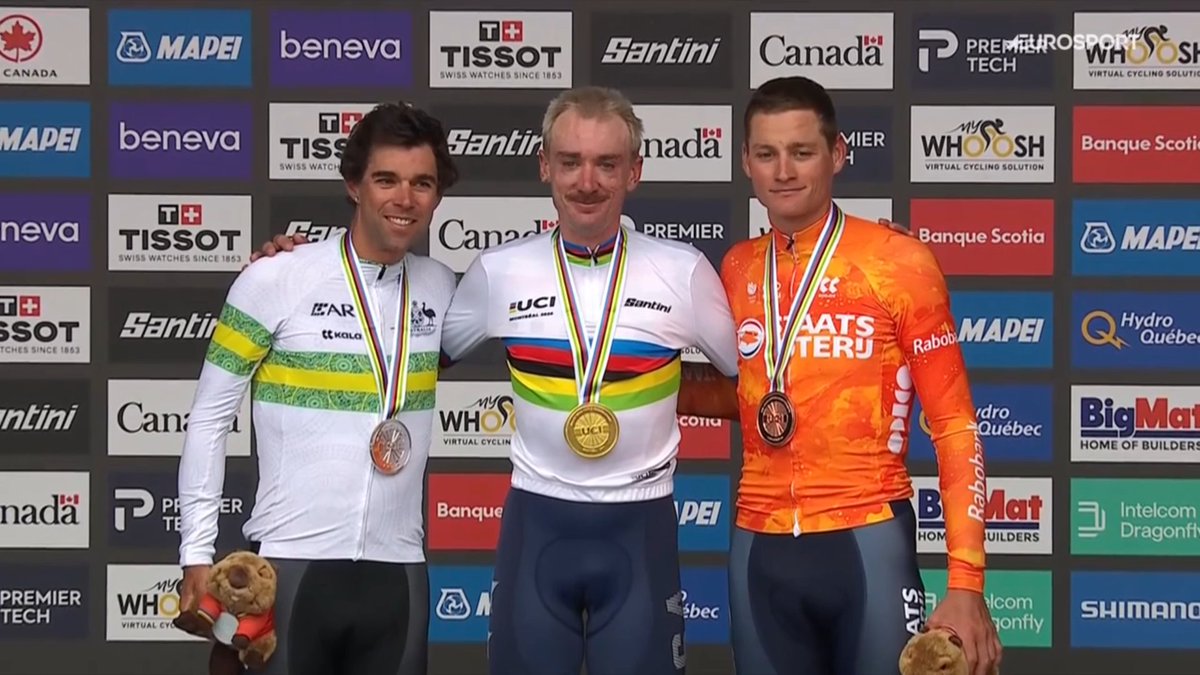 faustocoppi60's tweet photo. The podium of the Men Elite road race World Championships in Montreal, Canada. McNulty becomes the 3rd USA rider to win it after LeMond and Armstrong.

🥇 🇺🇸 Brandon McNulty 🌈
🥈 🇦🇺 Michael Matthews
🥉 🇳🇱 Mathieu van der Poel

#Montreal2026 https://t.co/fqW3nwZrV9