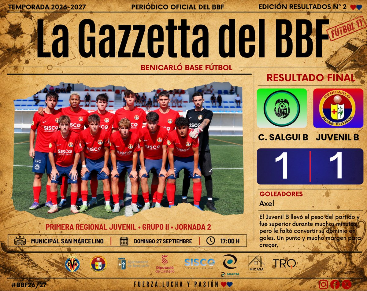 benicarlobf's tweet photo. ❤️💙⚽ 𝗘𝗟 𝗝𝗨𝗩𝗘𝗡𝗜𝗟 “𝗕” 𝗡𝗢𝗦 𝗖𝗨𝗘𝗡𝗧𝗔 𝗖Ó𝗠𝗢 𝗟𝗘 𝗙𝗨𝗘 𝗘𝗡 𝗦𝗨 𝗝𝗢𝗥𝗡𝗔𝗗𝗔

🏆 Primera Regional Juvenil · Grupo II · J.2

📅 Domingo 27 de septiembre
🏟️ Campo Municipal San Marcelino
𝗖𝗢𝗟𝗘𝗚𝗜𝗢 𝗦𝗔𝗟𝗚𝗨𝗜 “𝗕” 1️⃣
𝗝𝗨𝗩𝗘𝗡𝗜𝗟 “𝗕” 1️⃣
⚽ Axel https://t.co/w2AgQzJIKK