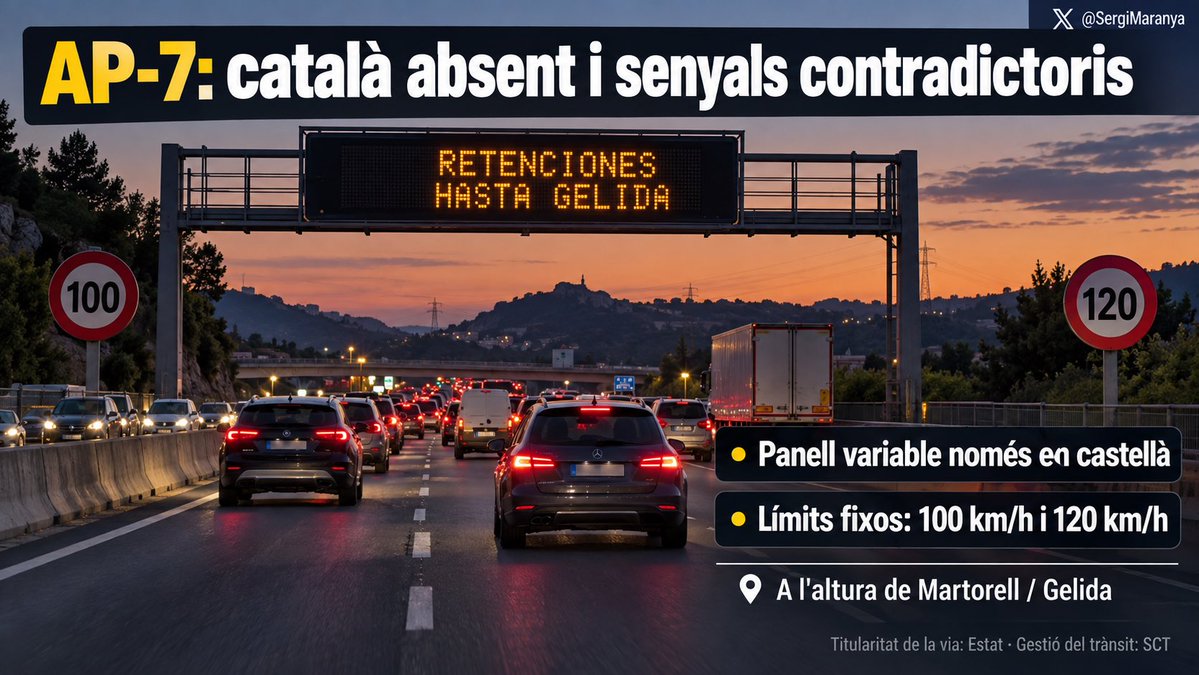 SergiMaranya's tweet photo. 🤔 AP-7 sud, aquesta tarda. Tornant a Barcelona, abans d’arribar a Martorell, m’he trobat dues situacions força sorprenents.

👉🏻 Primer, diversos panells digitals anunciant les retencions fins a Gelida escrits només en castellà.
Recordem que la normativa estableix que, a Catalunya, les indicacions escrites dels panells han de figurar també en català.
En un dels panells digitals he arribat a llegir «retencions hasta Gelida».

👉🏻 Al mateix temps, diversos senyals fixos, no digitals, de màxima velocitat a banda i banda de l’AP-7 que indicaven al mateix temps: 100 km/h a l’esquerra i 120 km/h a la dreta. Quin dels dos límits ha de seguir el conductor?

L’AP-7 és de titularitat estatal: @transportesgob i @oscar_puente_. Però la gestió del trànsit i dels panells variables a Catalunya correspon a @transit, sota la responsabilitat d’@nuriaparlon. Alguna cosa a dir?

I una pregunta per al conseller de Política Lingüística, @VilaFx: aquestes situacions no es detecten? Vostè no agafa aquesta autopista? Qui vetlla perquè el català també es respecti a les nostres carreteres?