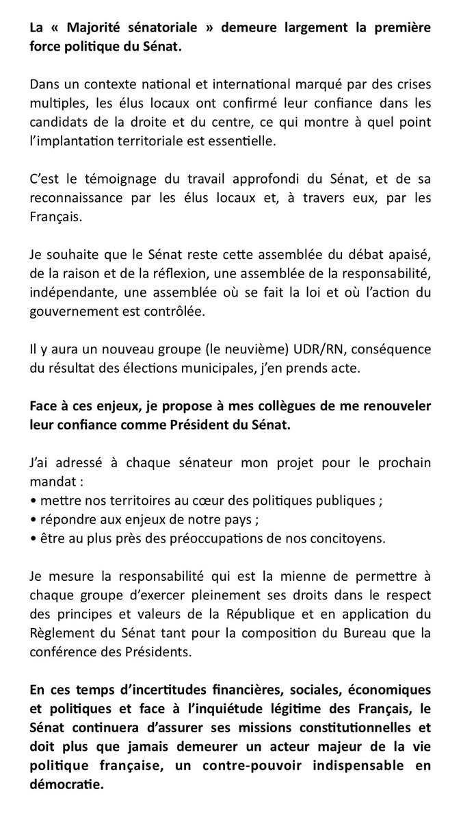 gerard_larcher's tweet photo. Élections sénatoriales 2026 : Aujourd’hui, la « démocratie des territoires » s’est exprimée, elle est le reflet des élections municipales.
#senatoriales2026 https://t.co/8eHFVrLdbr