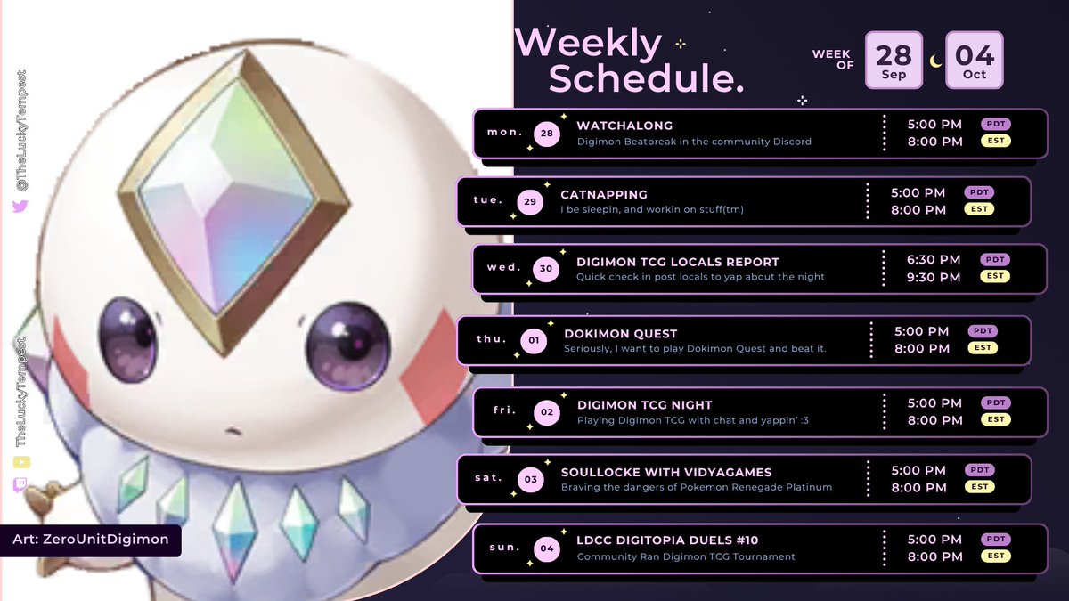 TheLuckyTempest's tweet photo. Look look! It's a new schedule with a cute Gemmon edit from @ZeroUnitDigimon
Don't forget to register for LDCC Digitopia Duels #10 https://t.co/TeOM8VczmZ
#vtuber https://t.co/LnrUg82CeG