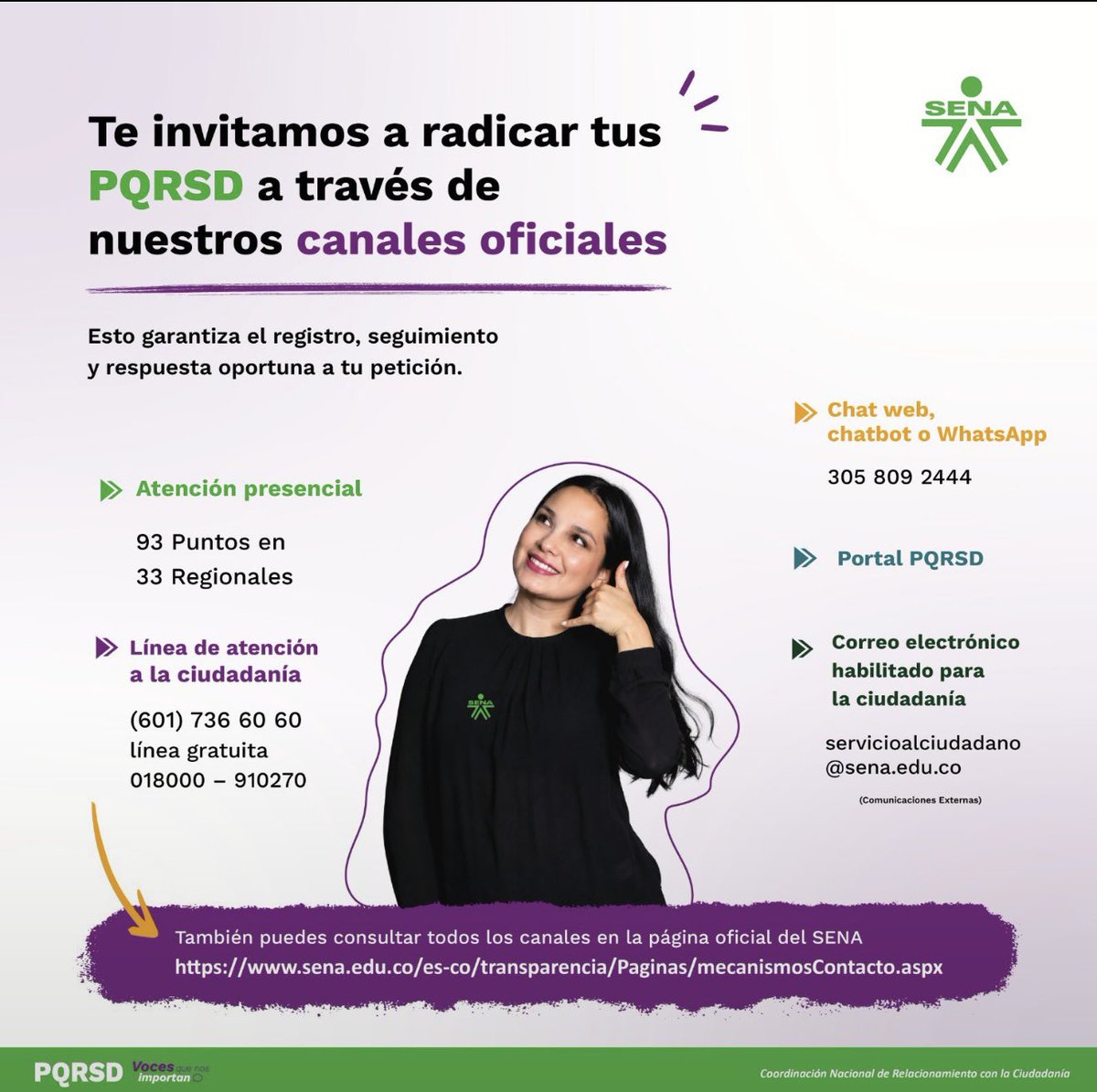 SENAComunica's tweet photo. ¡Tu voz cuenta! 💚💜

¿Tienes una petición, queja, reclamo, sugerencia o felicitación? Radica tus PQRSD a través de los canales oficiales del SENA y garantiza el registro, seguimiento y respuesta oportuna a tu solicitud.

📲 Consulta nuestros canales de atención y elige el que más se ajuste a ti.

#SENA #PQRSD