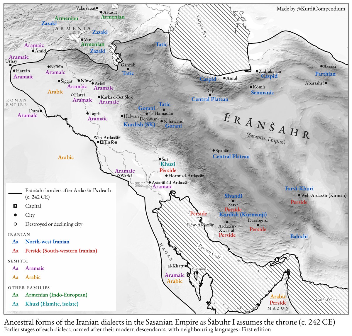 KurdiCompendium's tweet photo. I created a map that reconstructs the approximate distribution of the ancestral forms of languages and dialects across the Sasanian Empire (Ērānšahr) c. 242 CE, at the accession of Šābuhr I following the death of his father, Ardaxšīr I. Particular attention is given to the Iranian dialect continuum. The reconstruction is based on the historical dialectology of each variety, for example the shared innovations, diagnostic isoglosses and contact-induced features preserved in each. These features help us understand how the speakers of these languages migrated over the course of history. Historical sources were used as supplementary evidence where possible.

What is immediately noticeable is that speakers of Persian were largely confined to what is now south-western Iran. North-western Iranian languages dominated most of the Iranian Plateau, and some like Kurdish also had a presence in the province of Persis. Mesopotamia at this time was still dominated by Aramaic speakers despite centuries of Iranian rule, due to factors like Aramaic being the historic lingua franca of Iran up until that time. The association of Corduene and the Carduchii with the Kurds is largely rejected in modern scholarship, and it is also completely inconsistent with the linguistic history of Kurdish. Sometime during the Parthian era, the first wave of Kurdish speakers migrated out of Persis into the area around Dēnāwar and the surrounding regions. The bulk of Kurdish speakers did not leave Persis until much later.